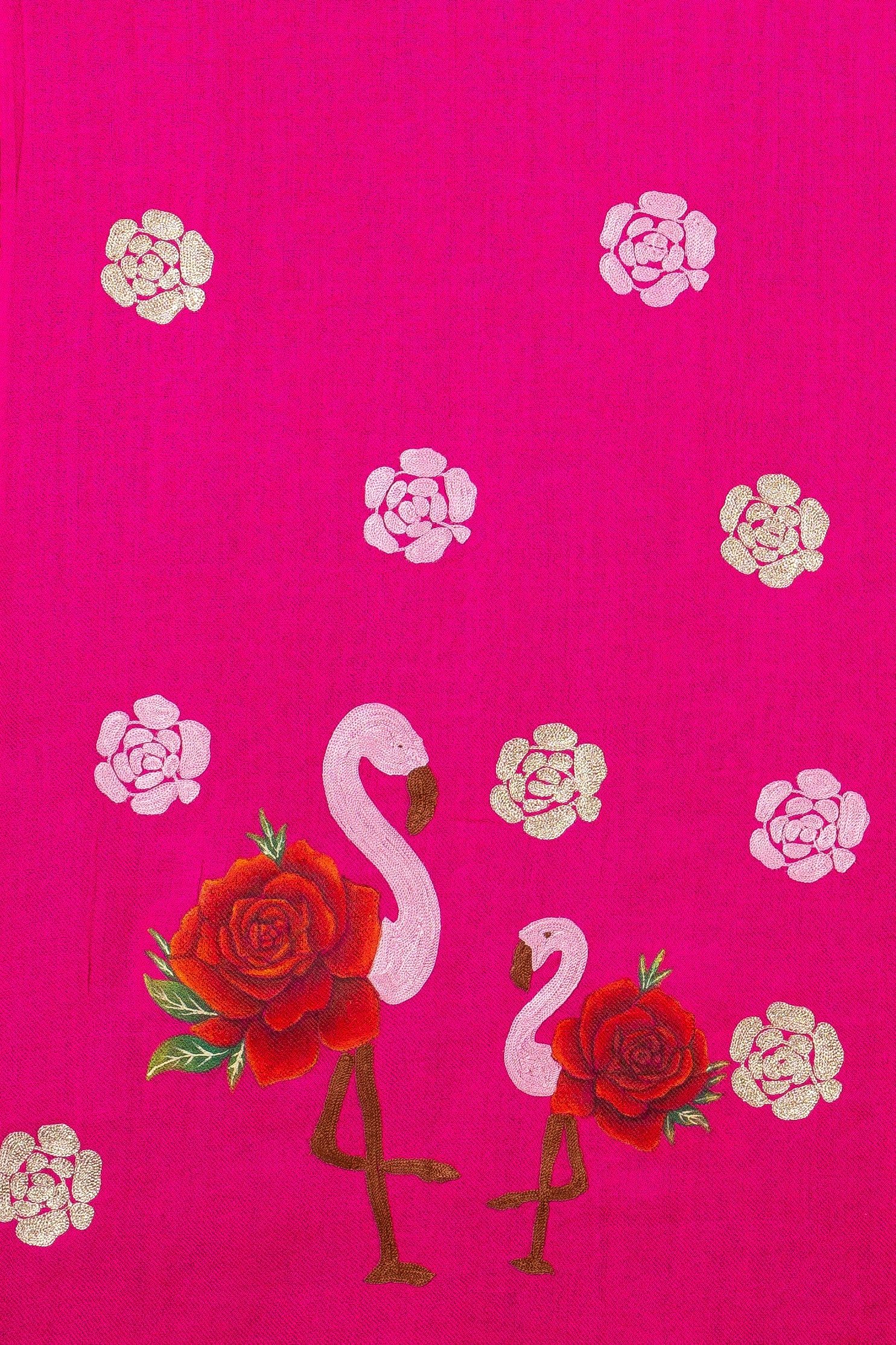 Hot Pink Pure Pashmina Hand-Painted Scarf - Flamingo & Roses