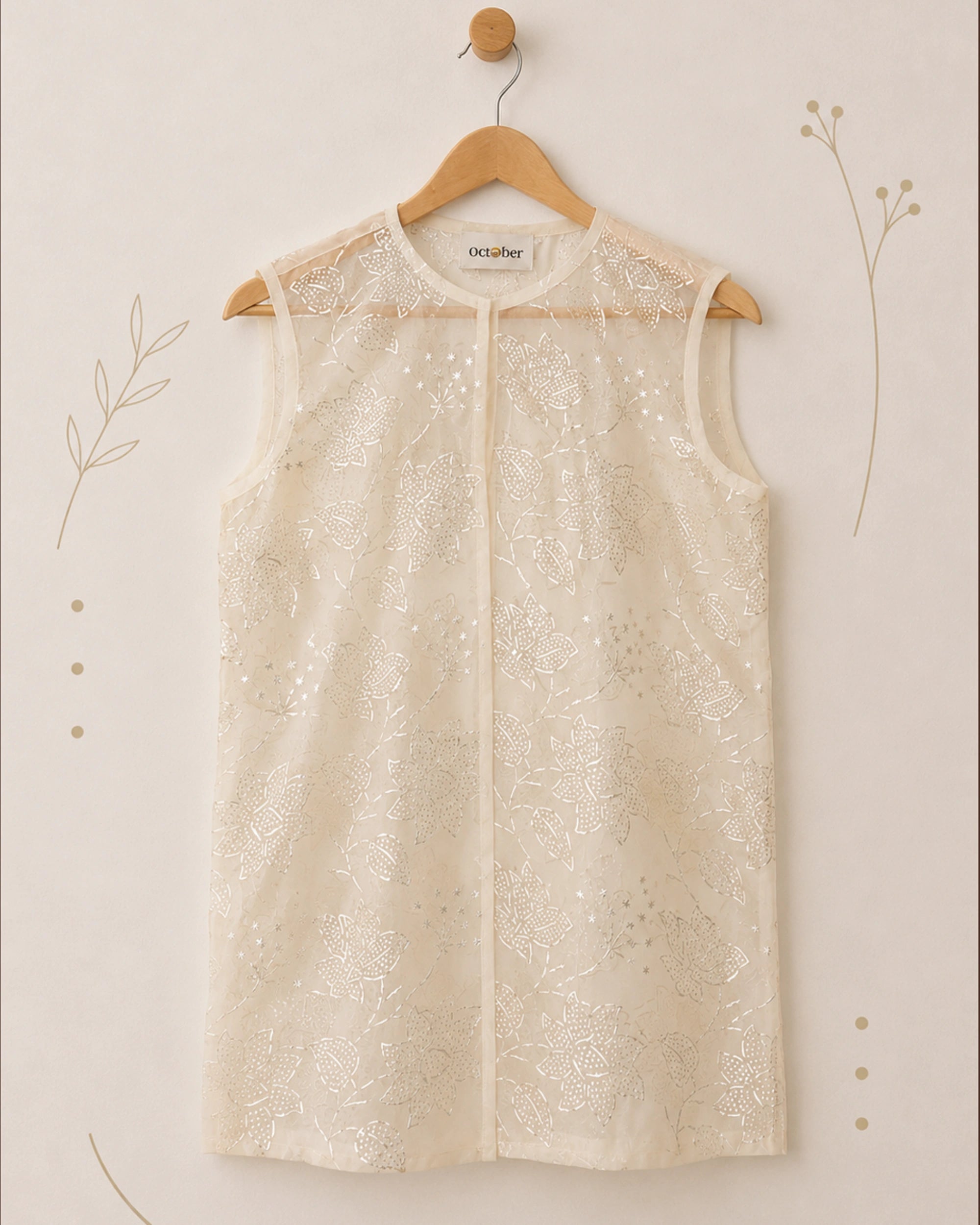 Ivory Real Silver Printed Organza Vest