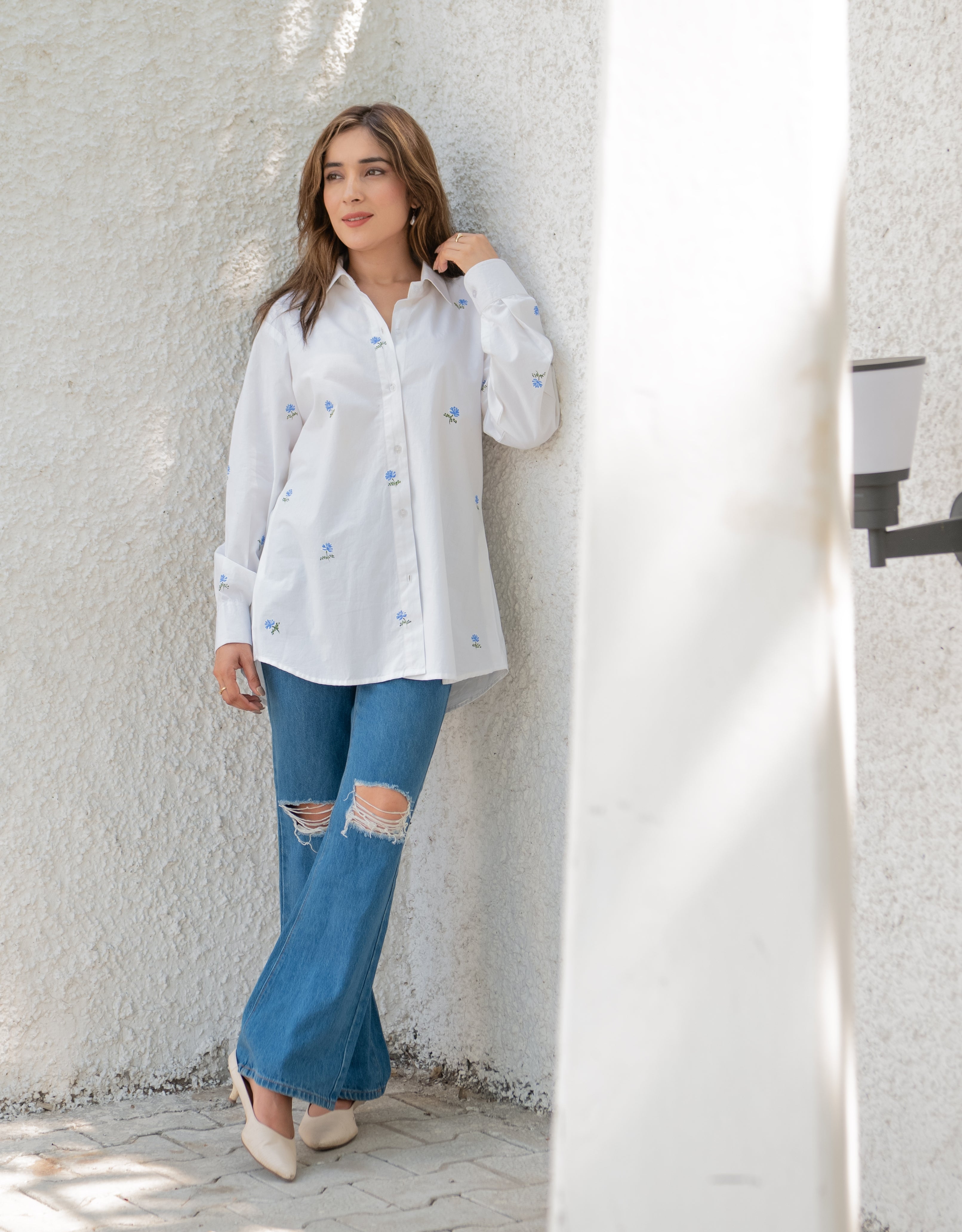 Porcelain Blue Rose Handpainted Cotton Shirt