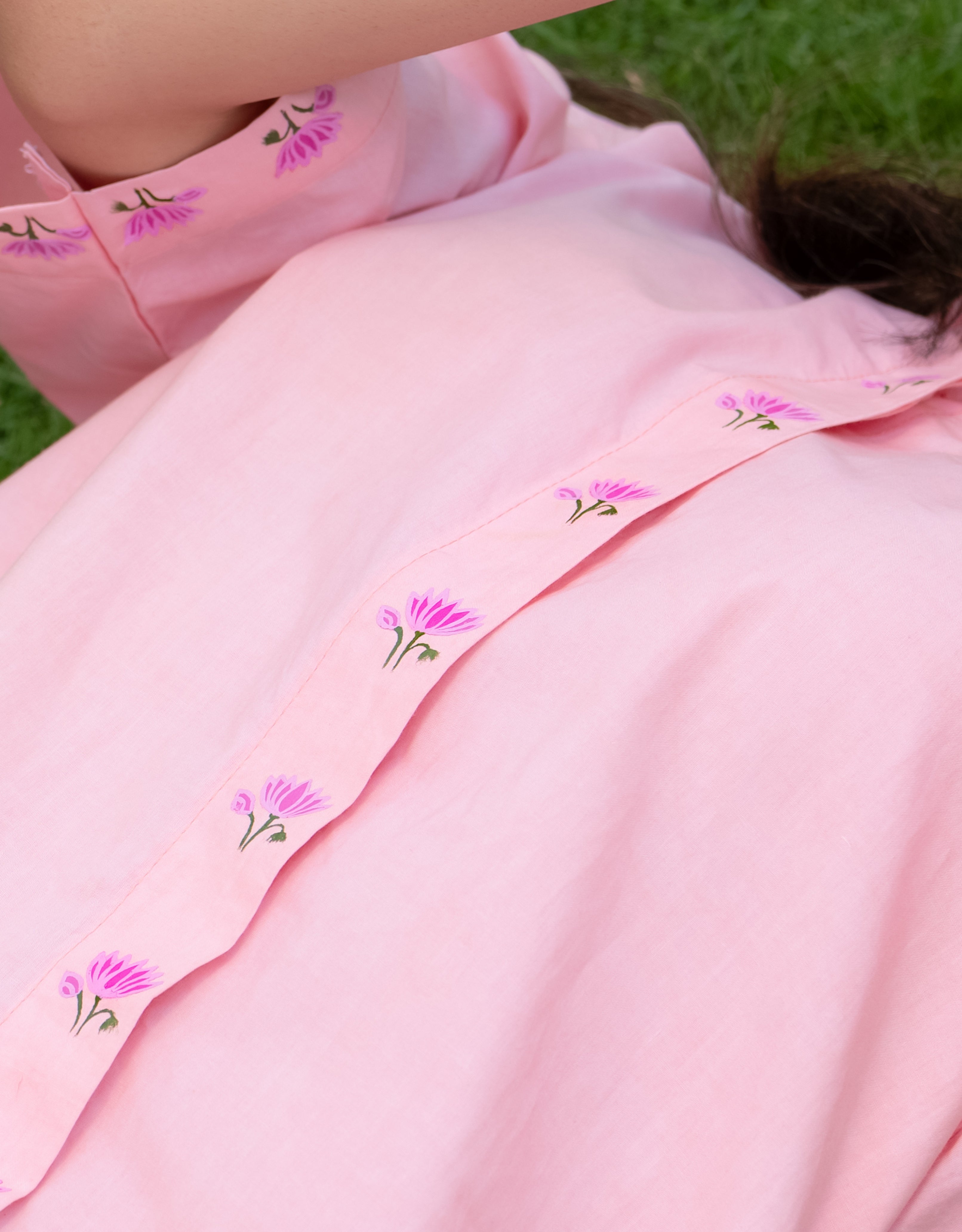 Blush Lotus Handpainted Cotton Shirt with Band Neck Collar
