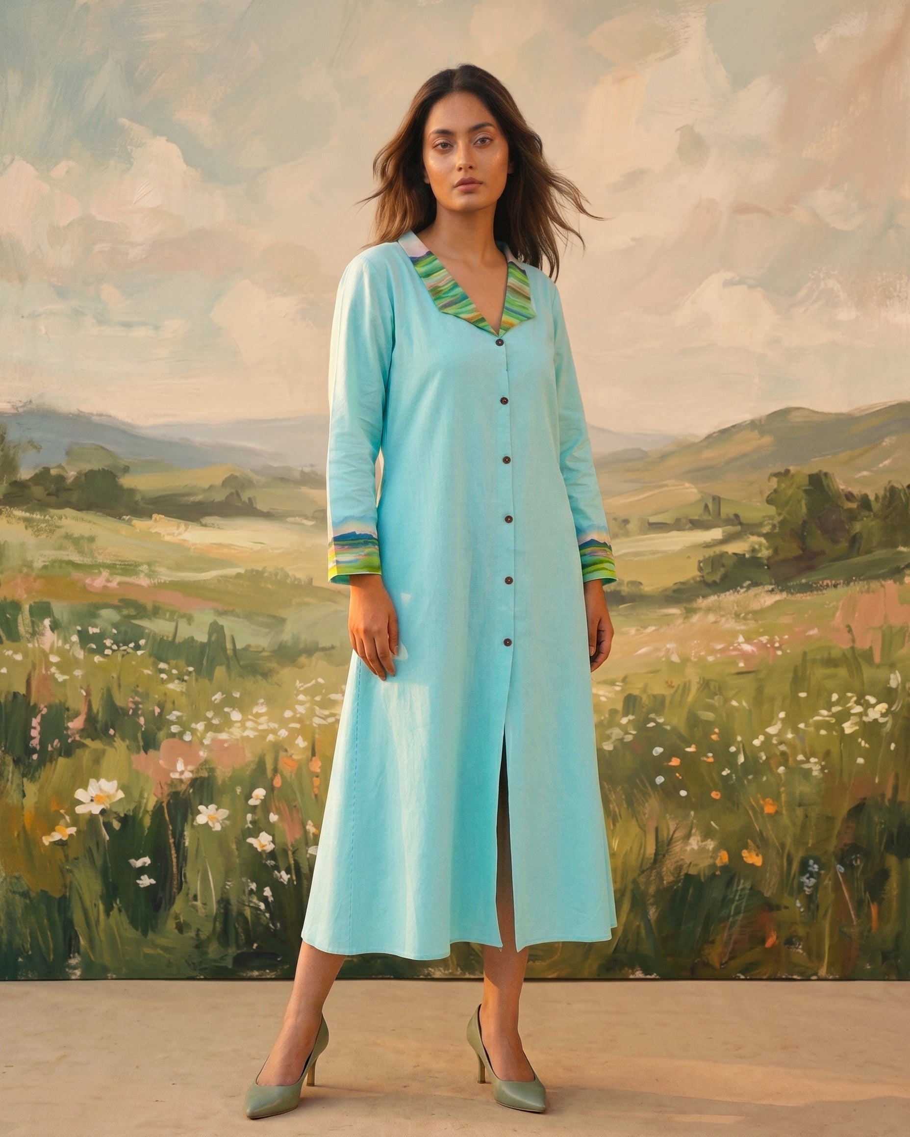 Aqua Handpainted Collar Dress in Cotton
