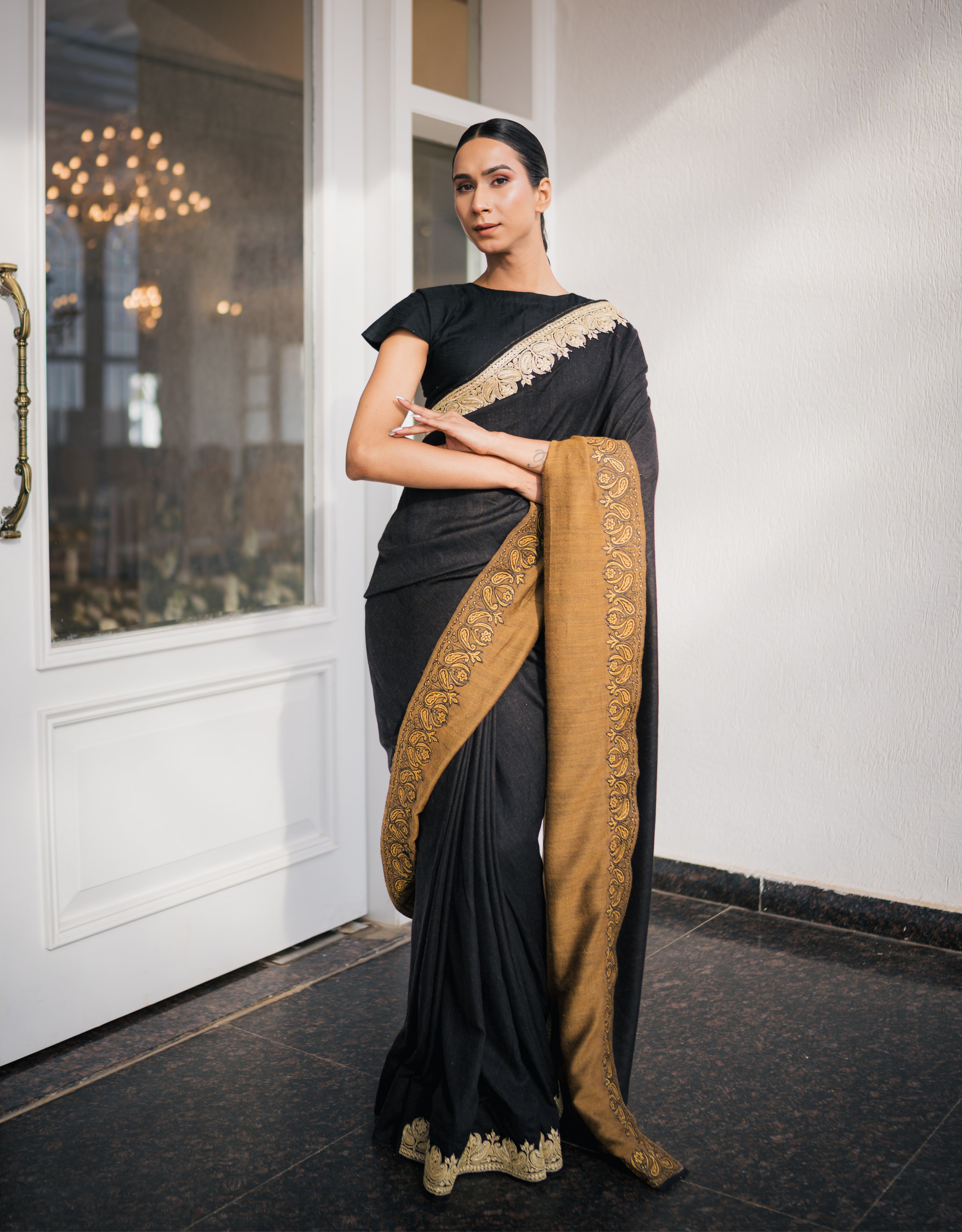 Ochre Black Reversible Embroidery & Handpainted Pashmina Saree