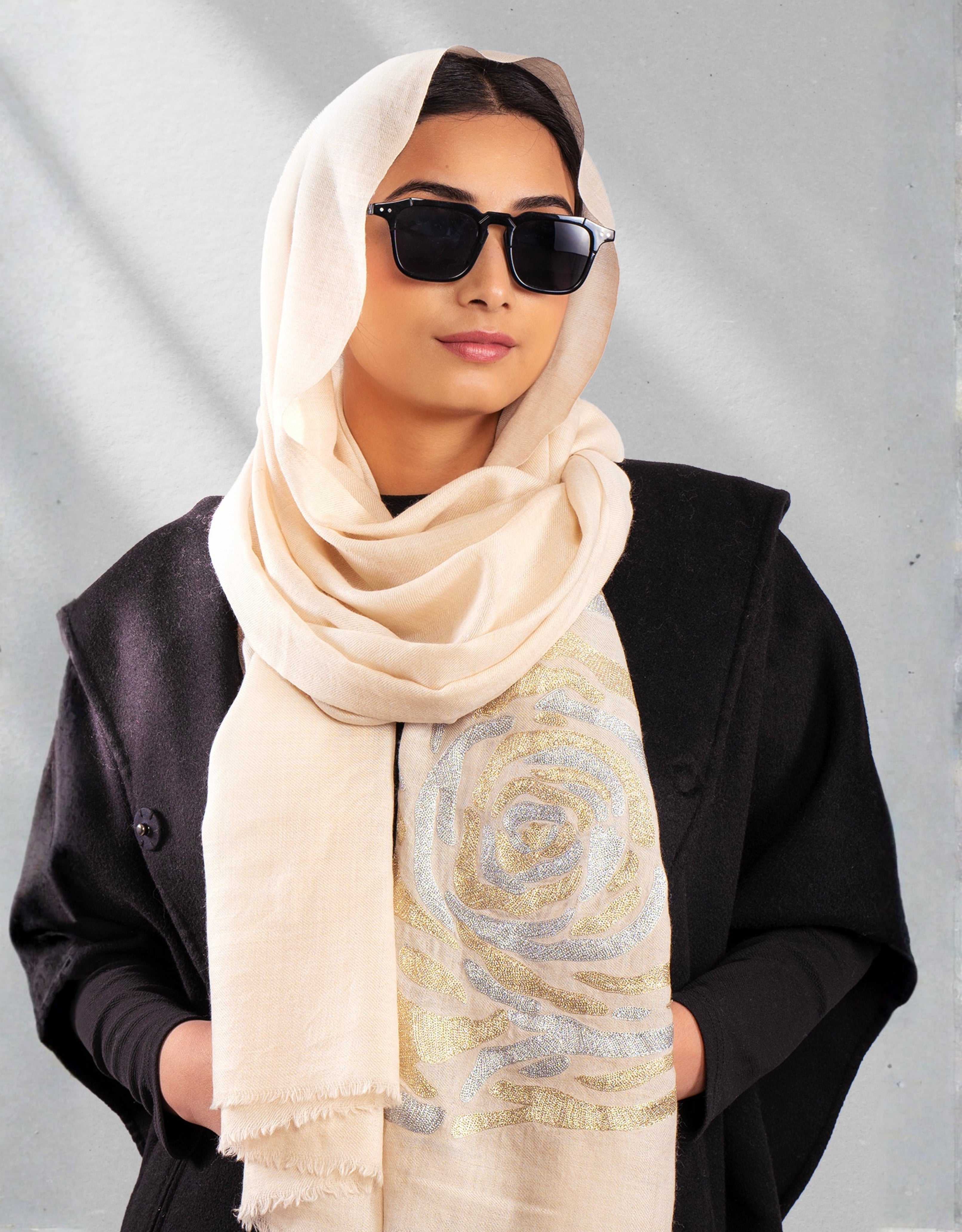 White Pure Pashmina Embroidered Scarf - Have a Rosy Day