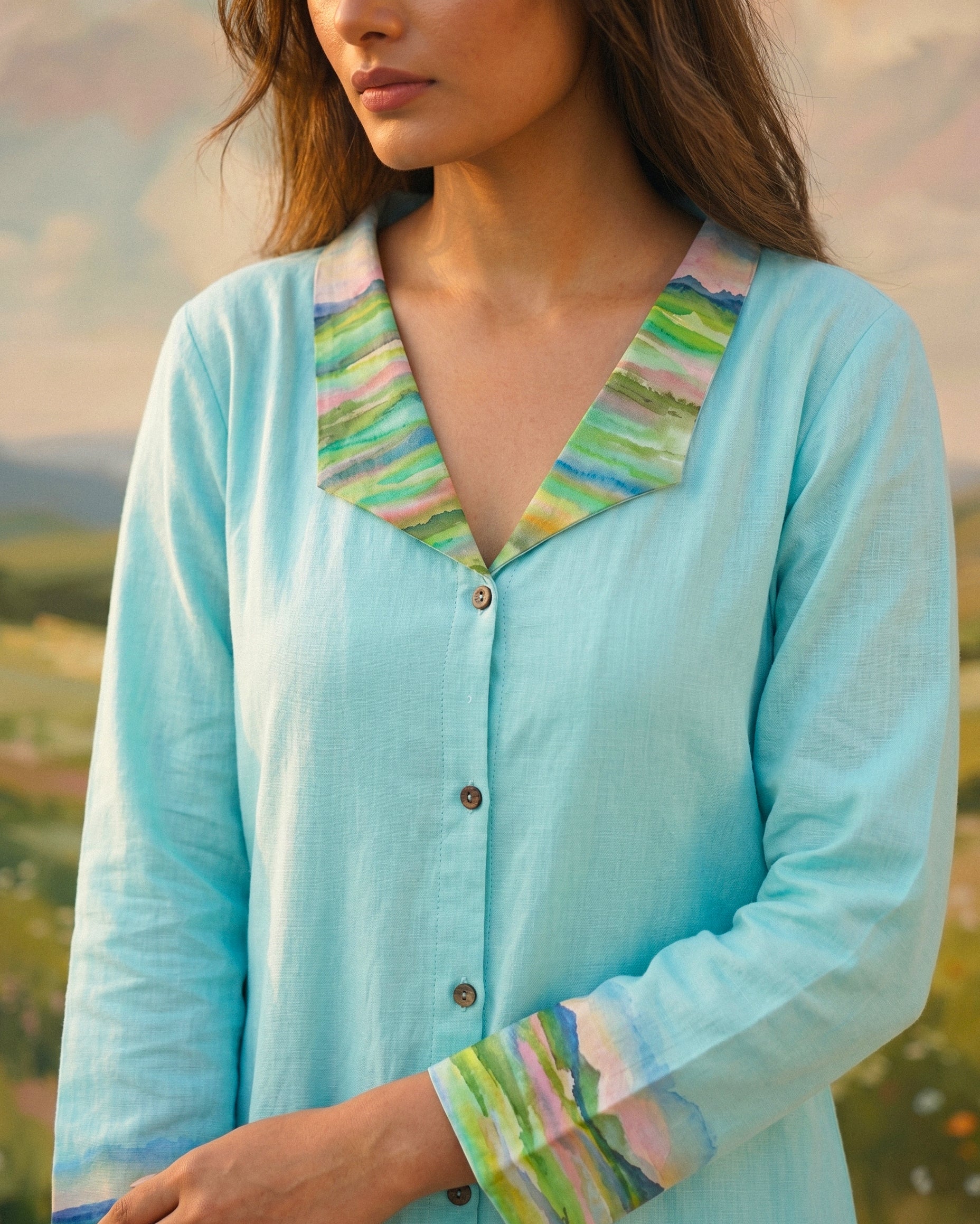 Aqua Handpainted Collar Dress in Cotton