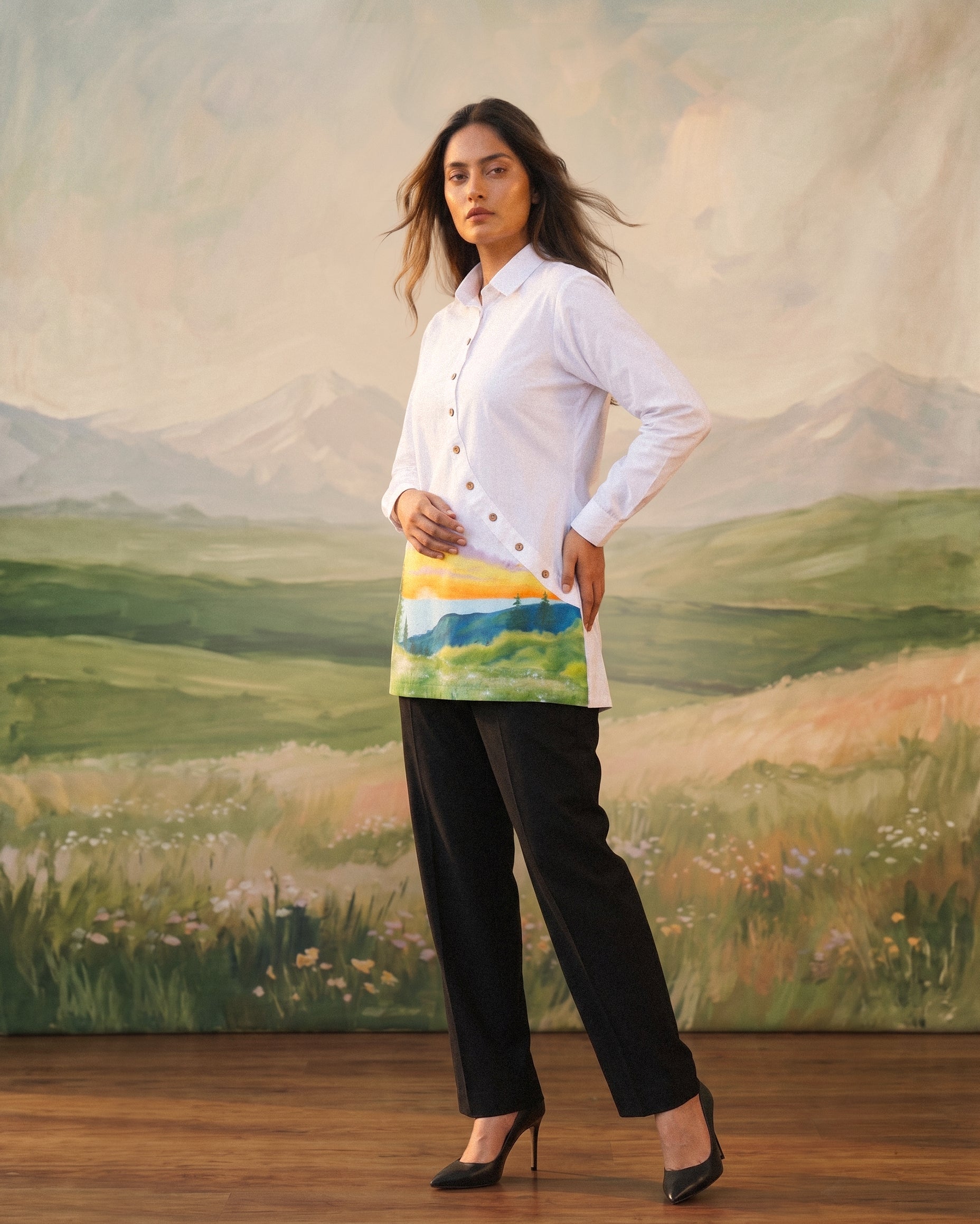 Asymmetirc Ivory Handpainted Cotton Shirt