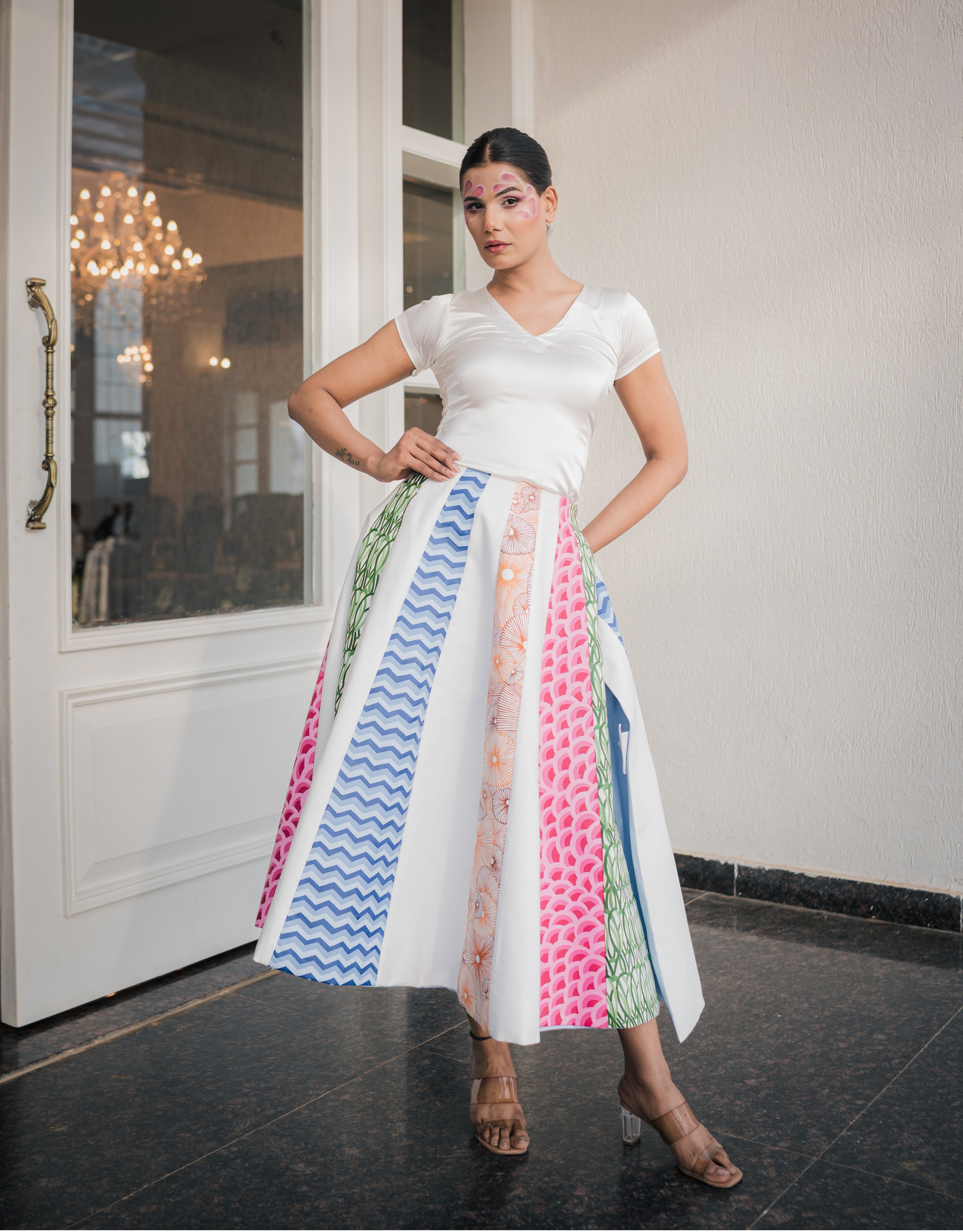 Multicolored Cloud Handpainted Reversible Cotton Skirt