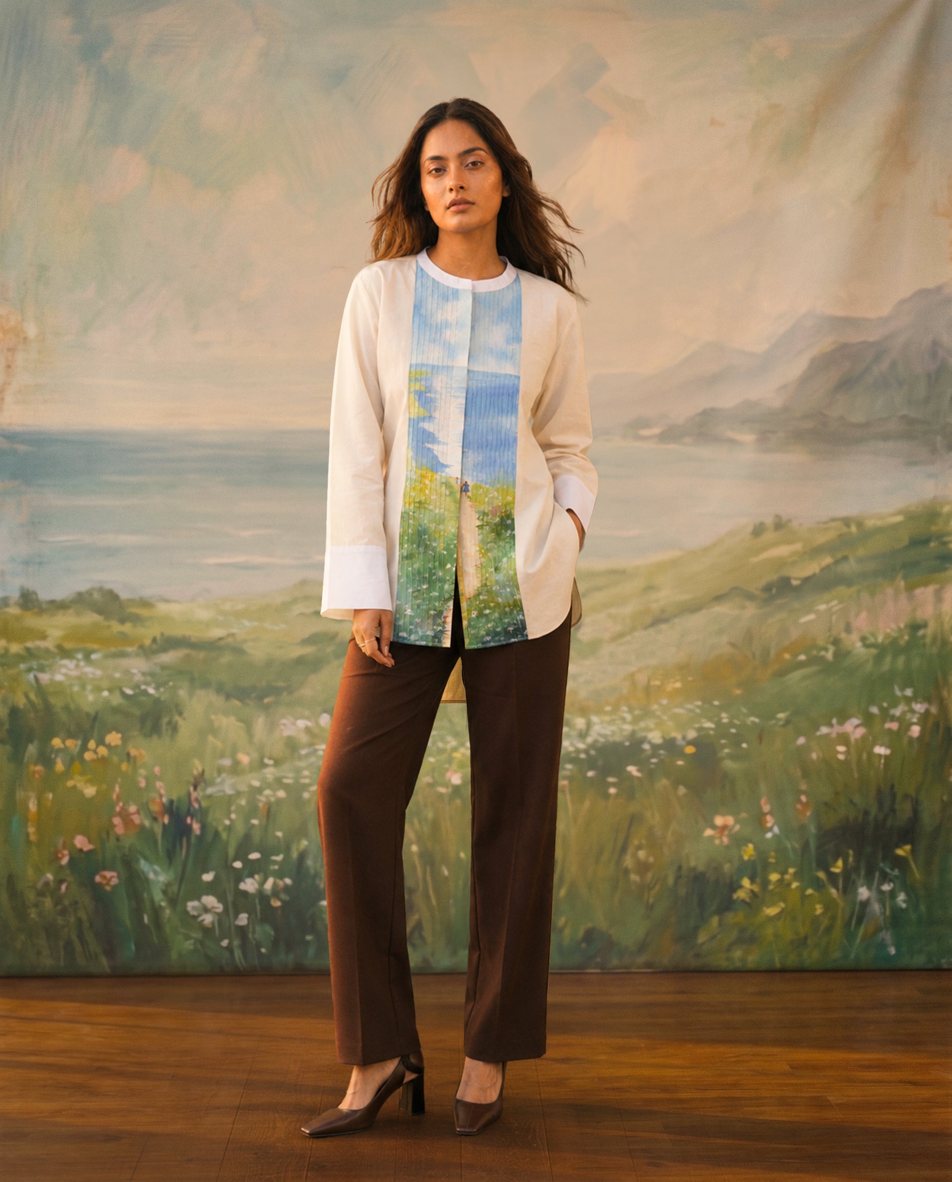 Beige Scenic Handpainted Pin tucks Cotton Shirt