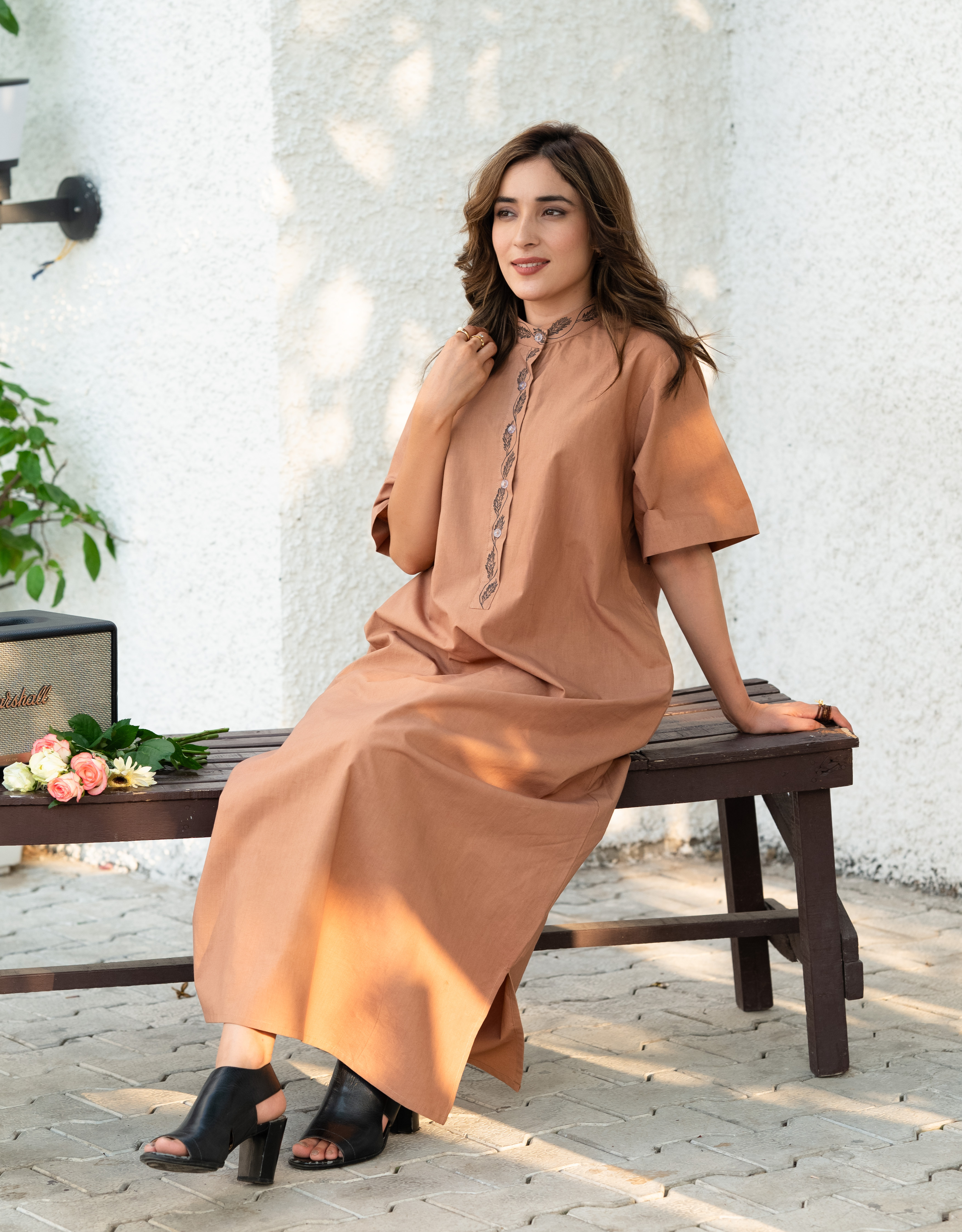 Coffee Caramel Handpainted Straight Cotton Dress