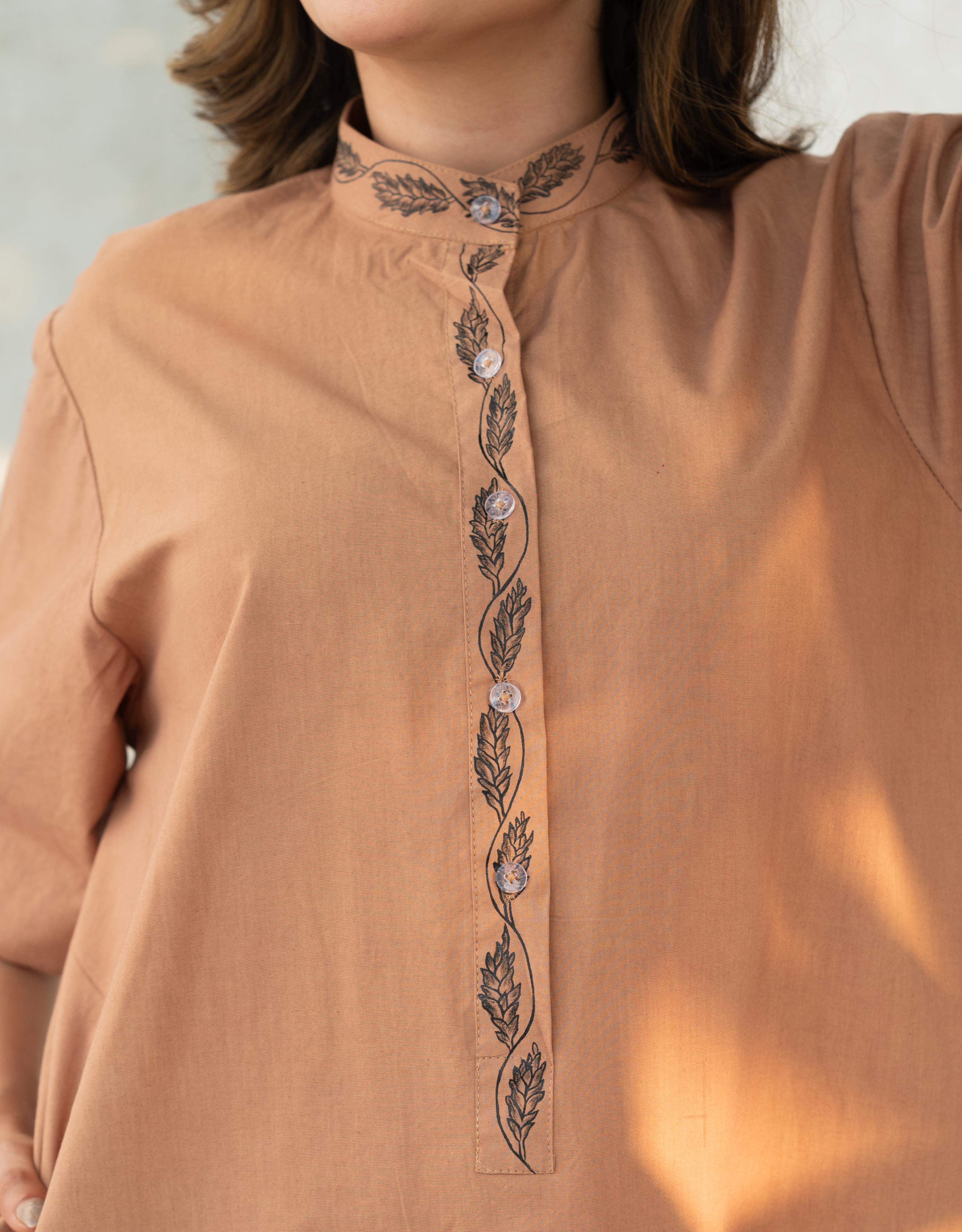 Coffee Caramel Handpainted Straight Cotton Dress