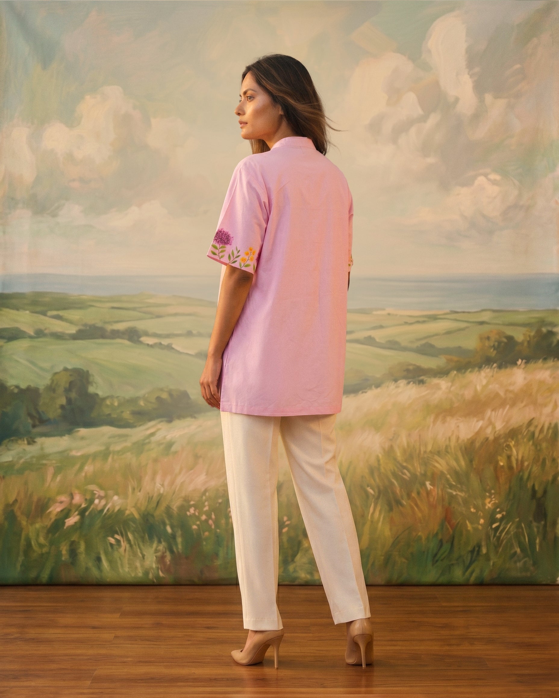 Blush Floral Handpainted Cotton Shirt