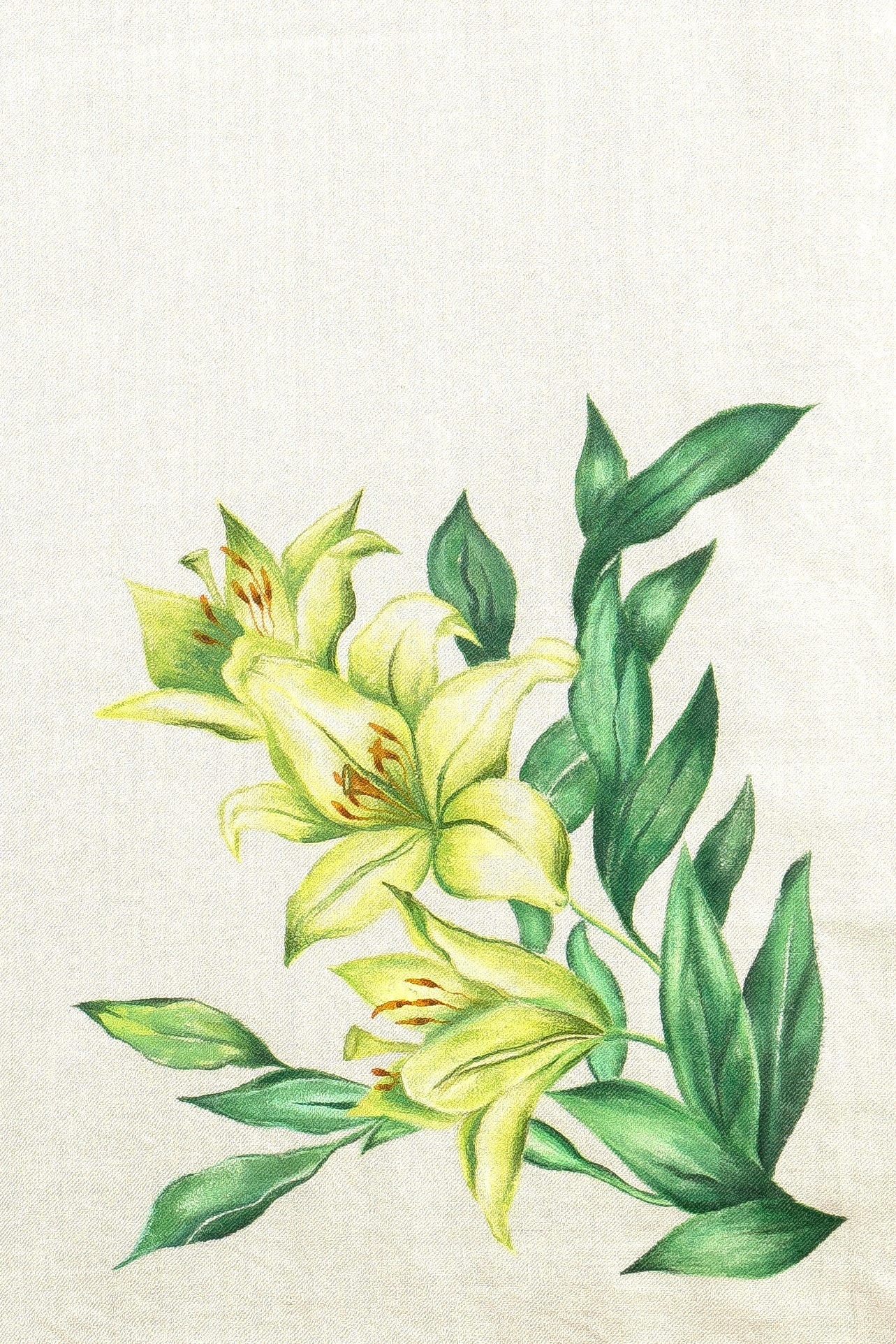 White Fine Wool Hand-Painted Scarf - Lilies and more