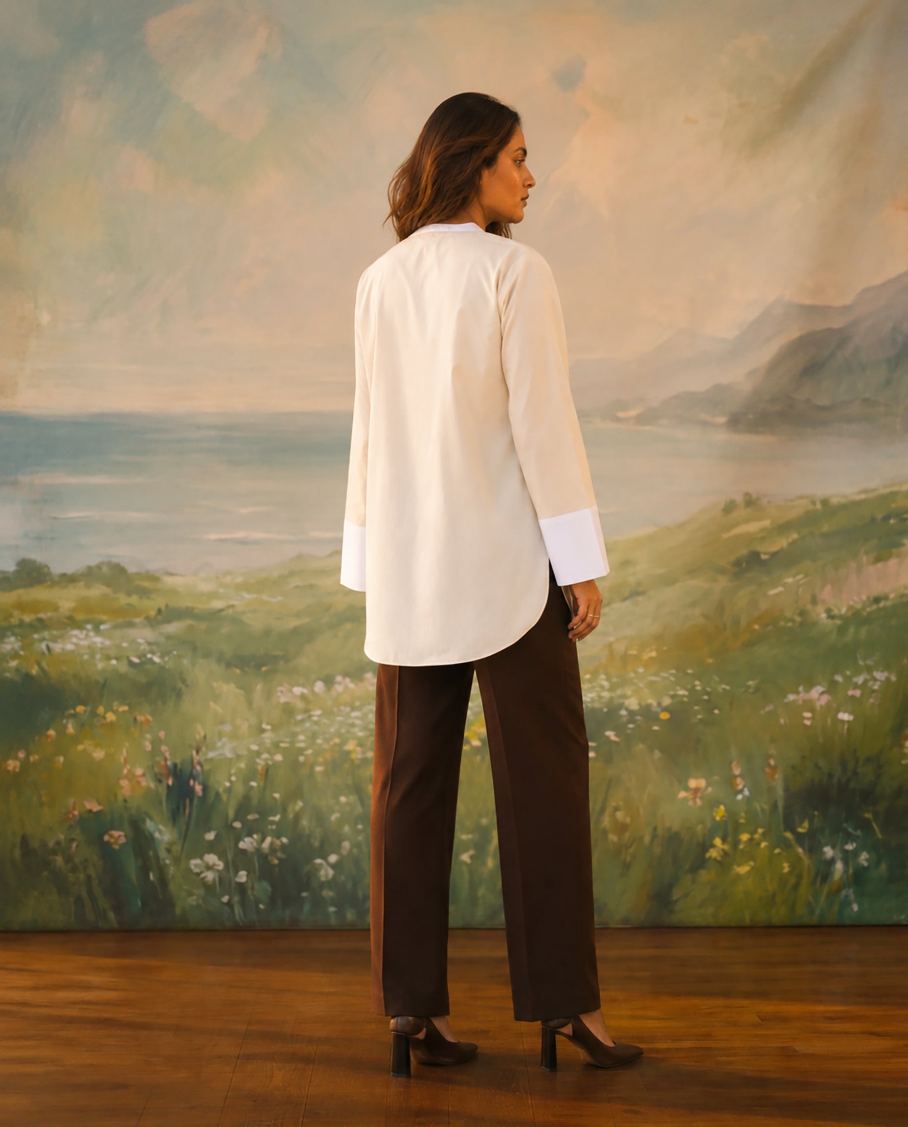 Beige Scenic Handpainted Pin tucks Cotton Shirt