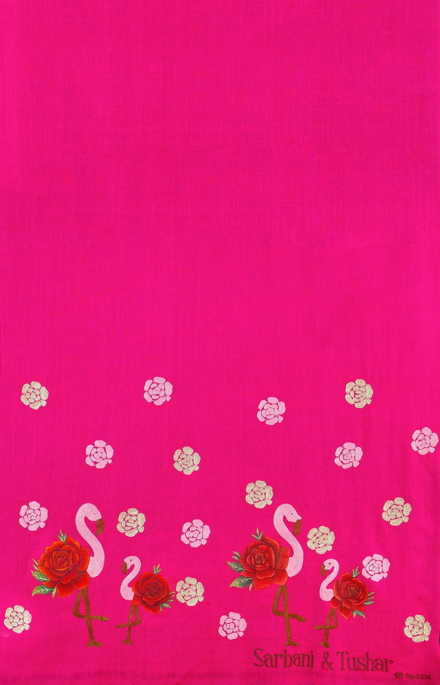 Hot Pink Pure Pashmina Hand-Painted Scarf - Flamingo & Roses