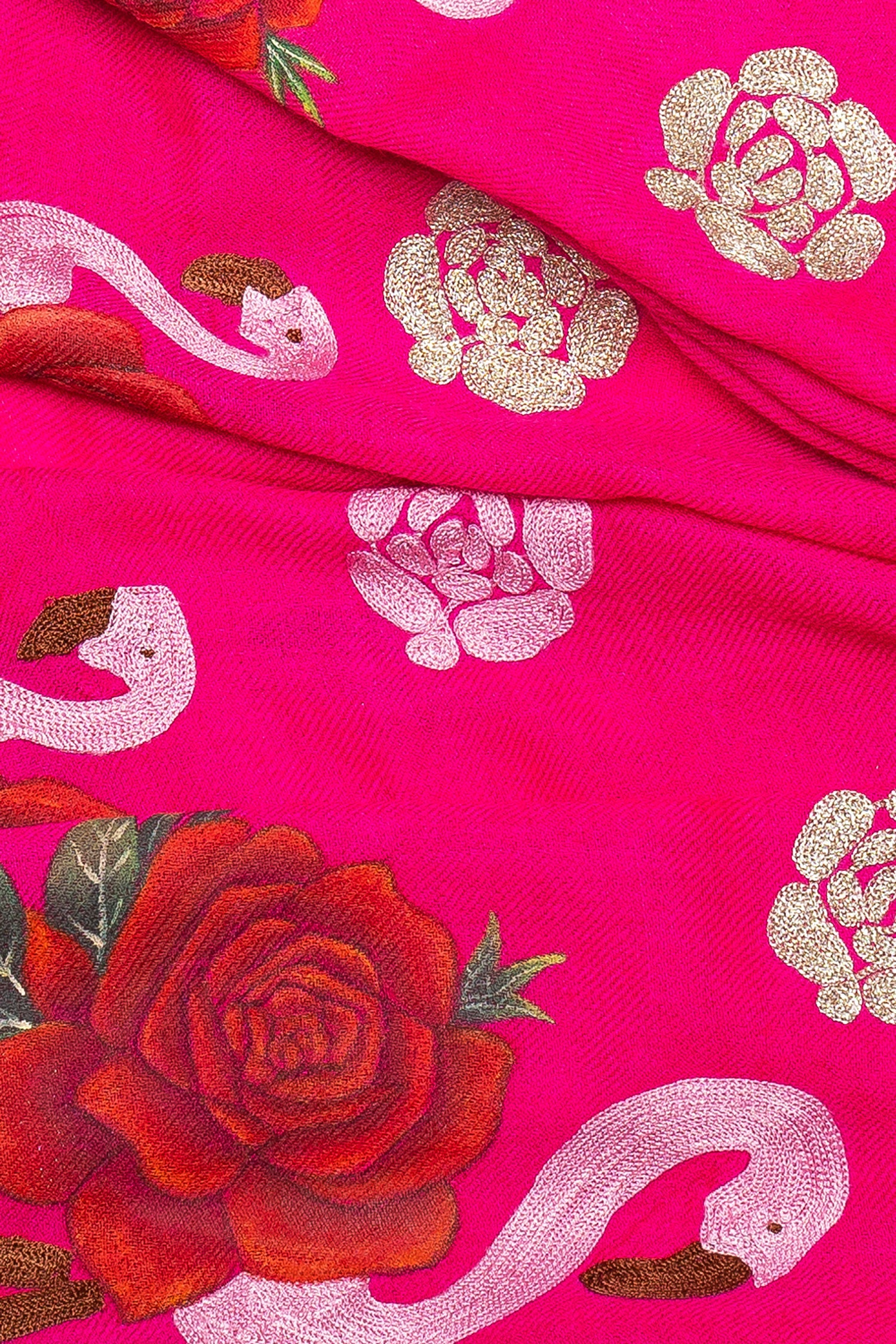 Hot Pink Pure Pashmina Hand-Painted Scarf - Flamingo & Roses