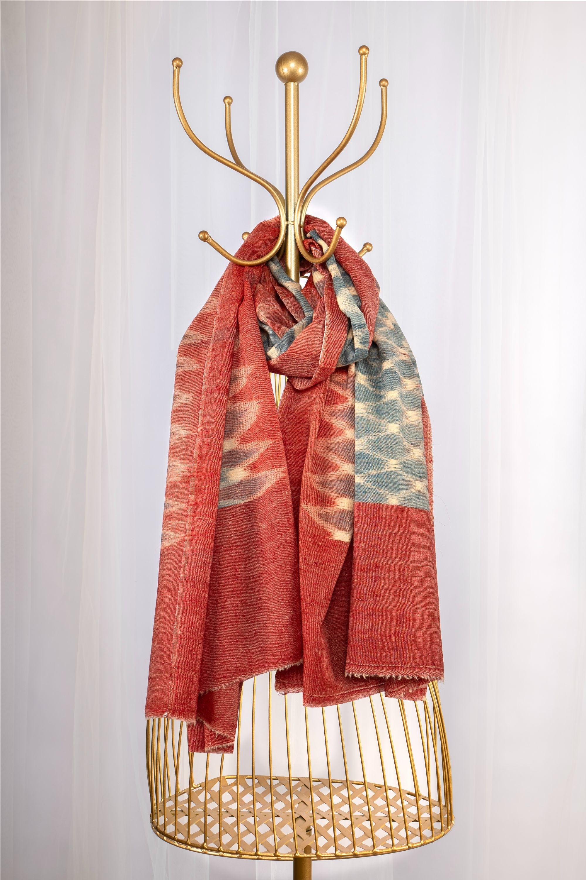 Red & Light Blue Pure Pashmina Scarf - Ikat