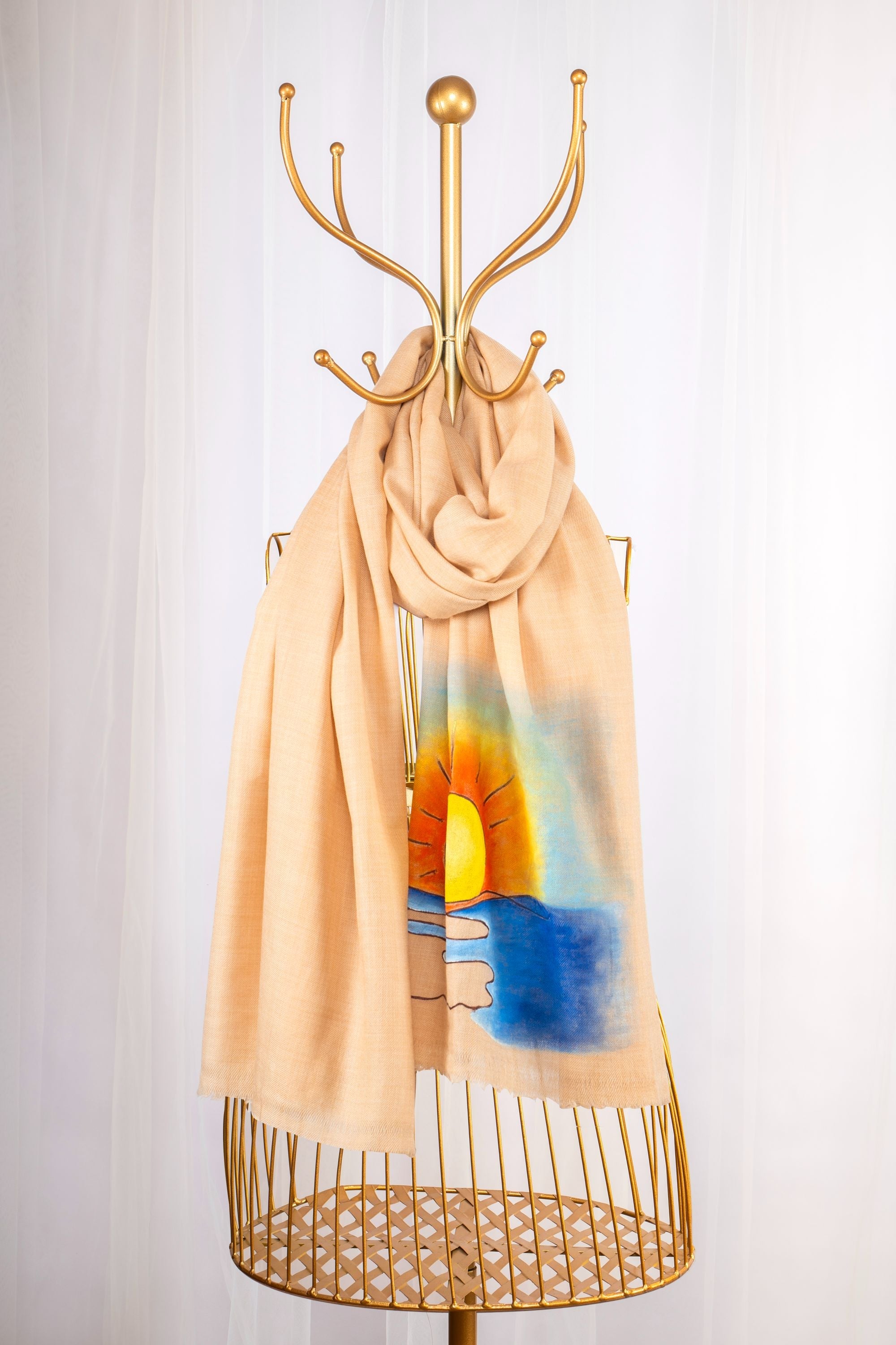 Beige Pure Pashmina Hand-Painted Scarf - Sunset Somewhere