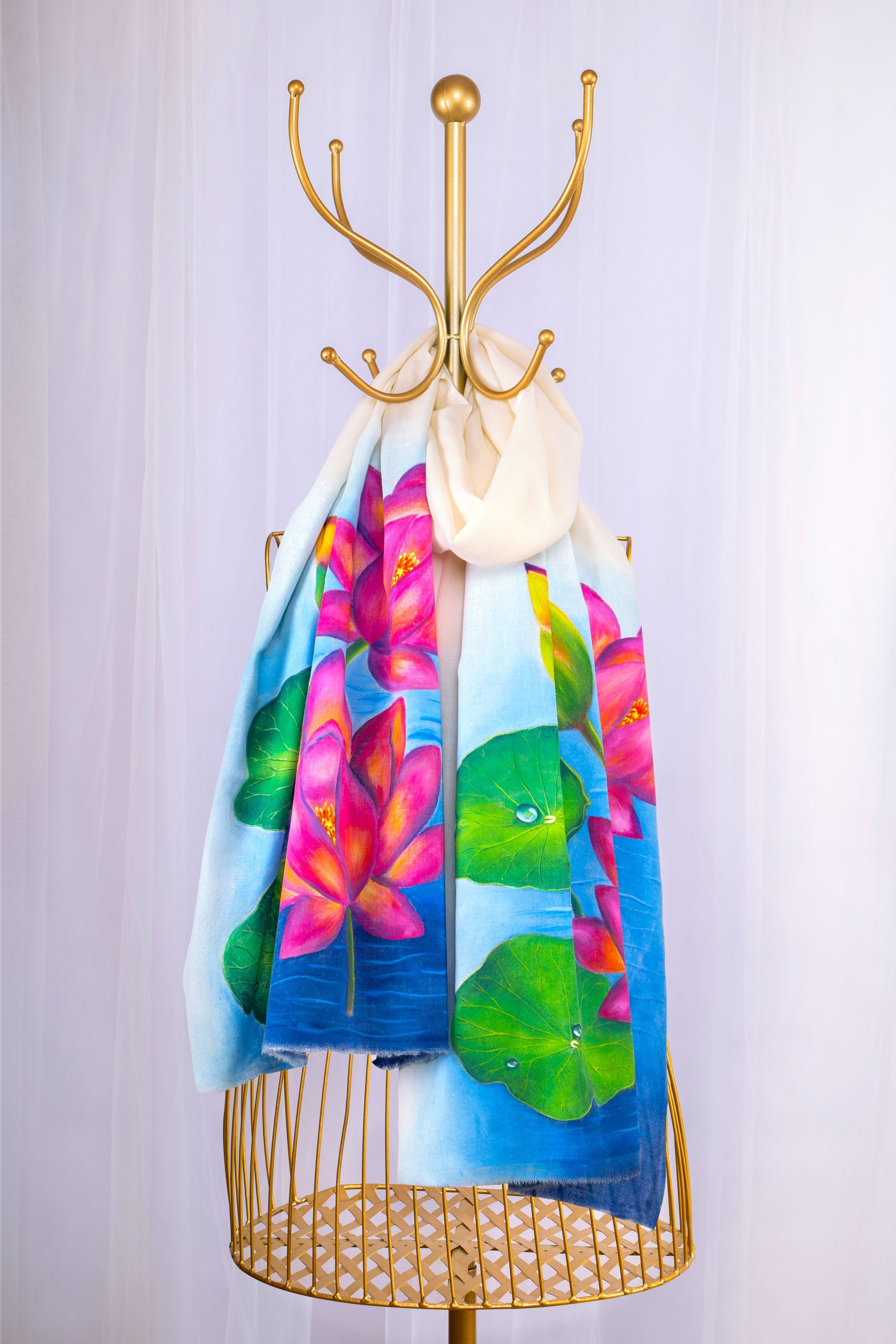 White Fine Wool Scarf - Blooming Lotus