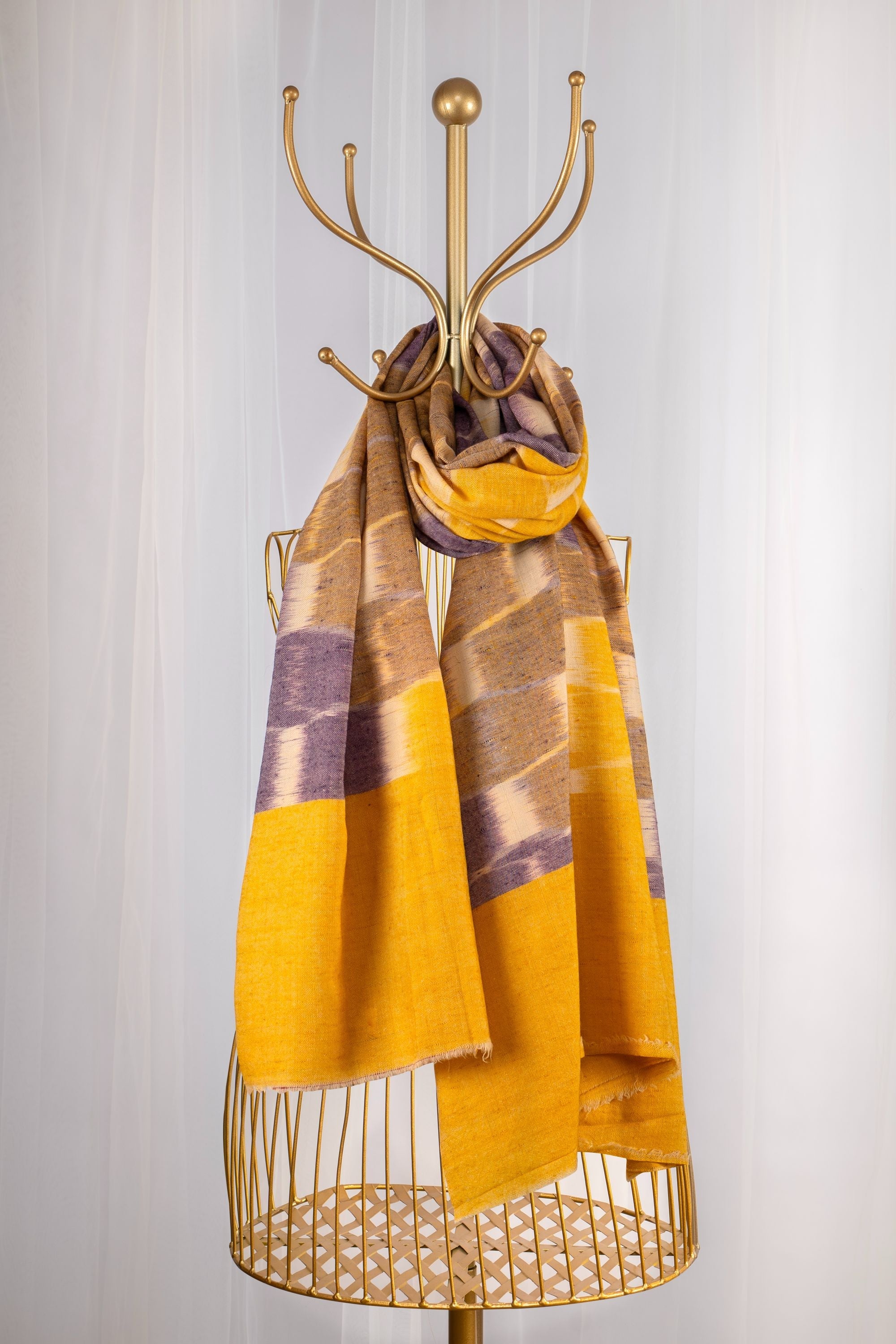 Yellow & Purple Pure Pashmina Scarf - Ikat