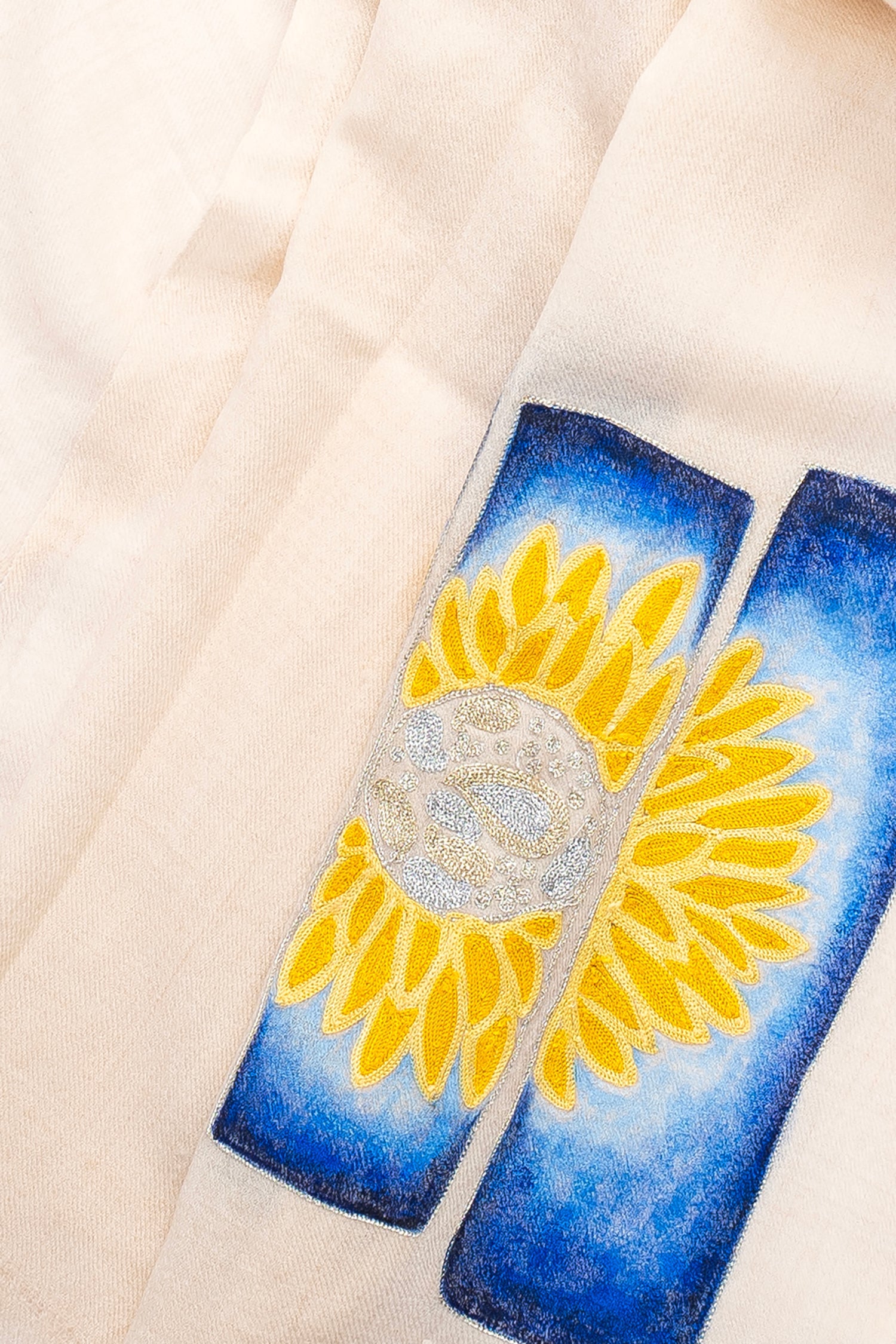 White Pure Pashmina Hand-Painted Scarf - Sketched Sunflowers