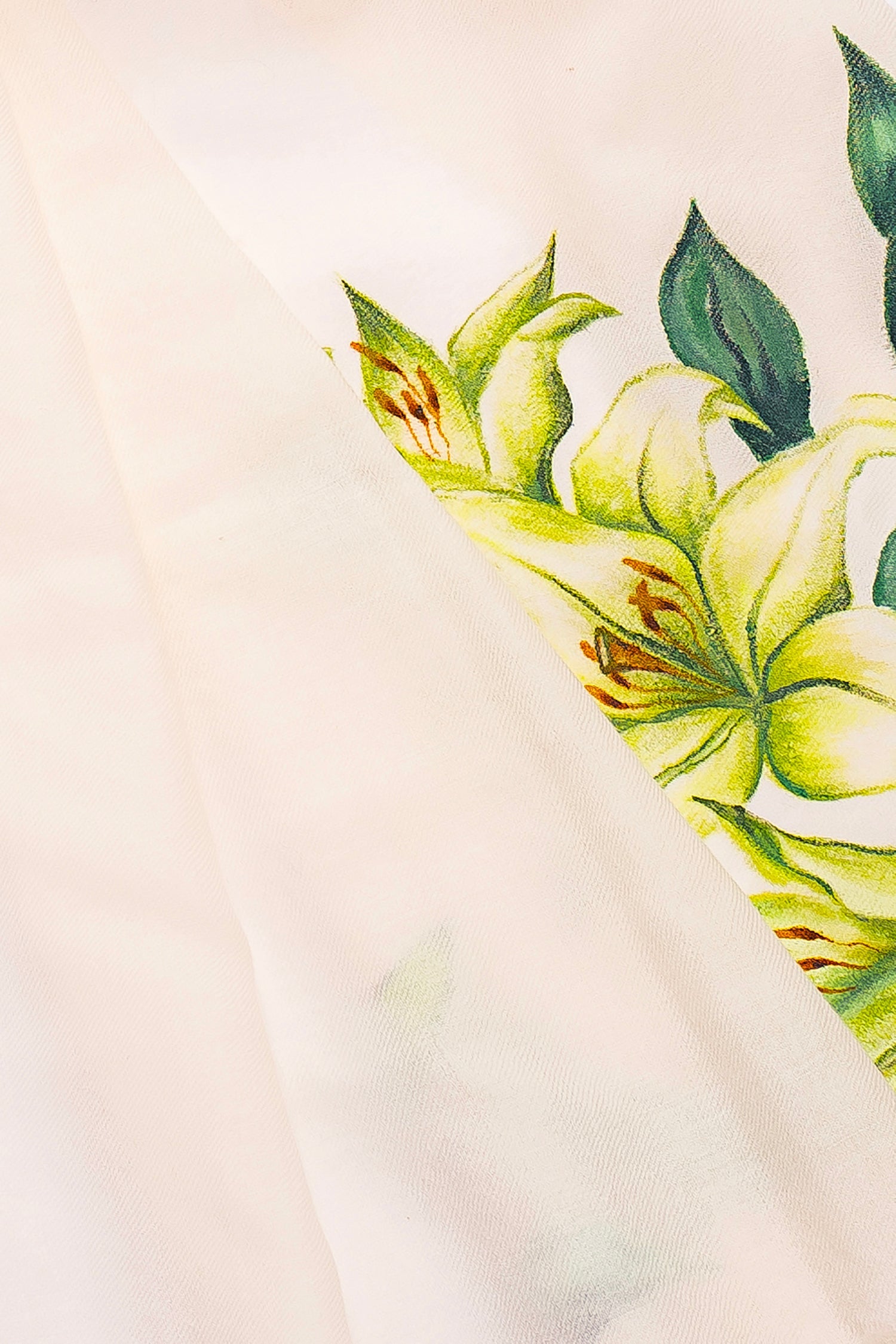 White Fine Wool Hand-Painted Scarf - Lilies and more