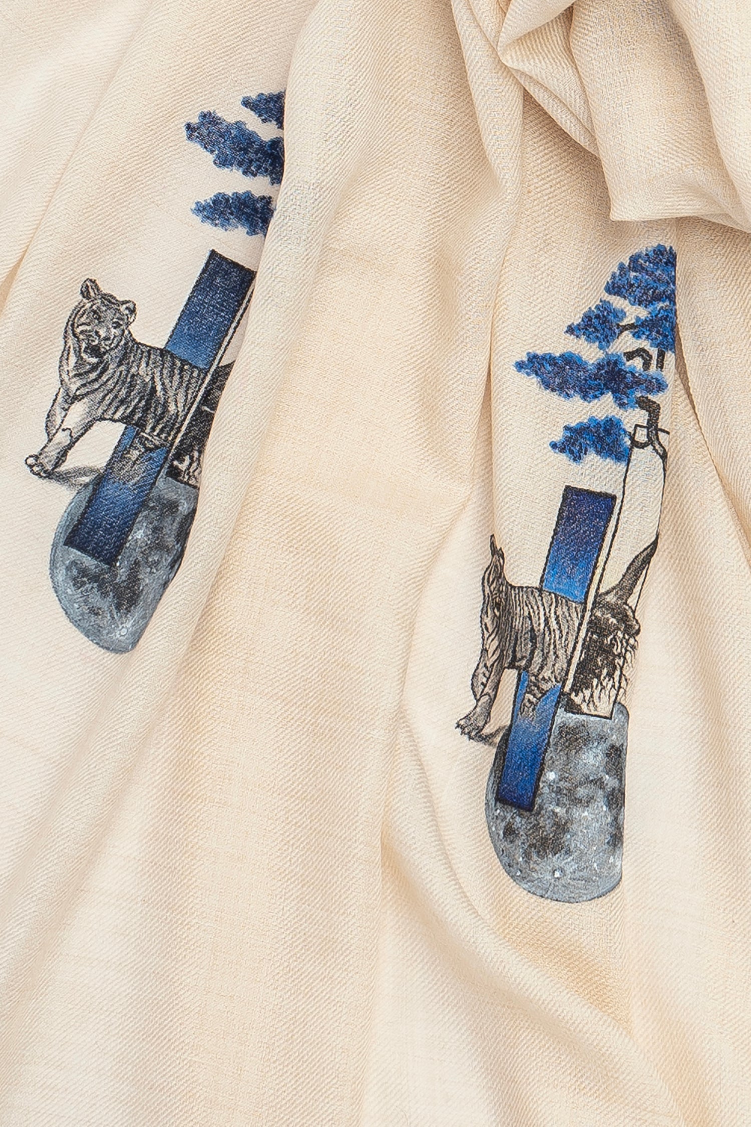 Beige Pure Pashmina Hand-Painted Scarf - Tiger in Woods