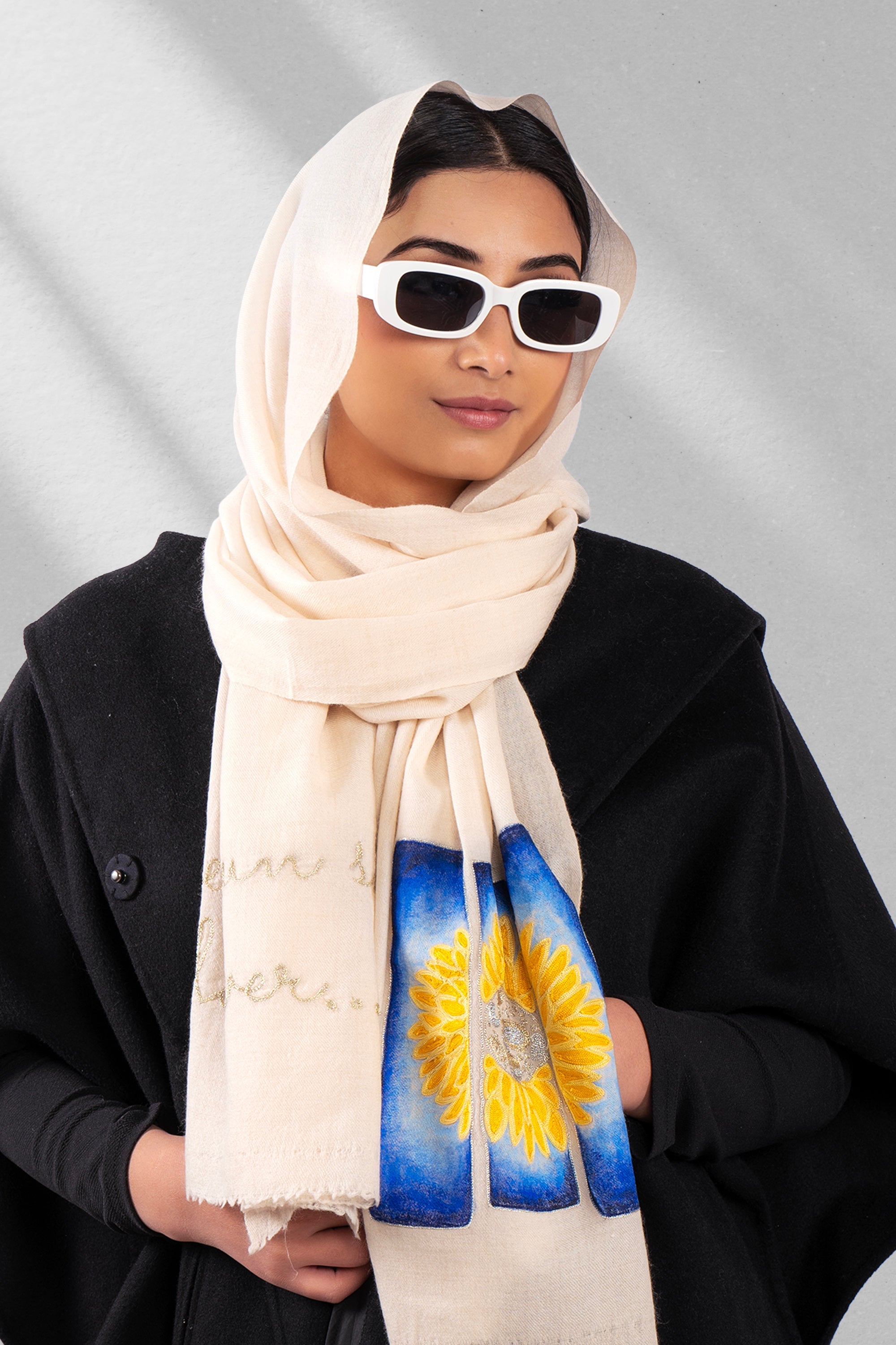 White Pure Pashmina Hand-Painted Scarf - Sketched Sunflowers
