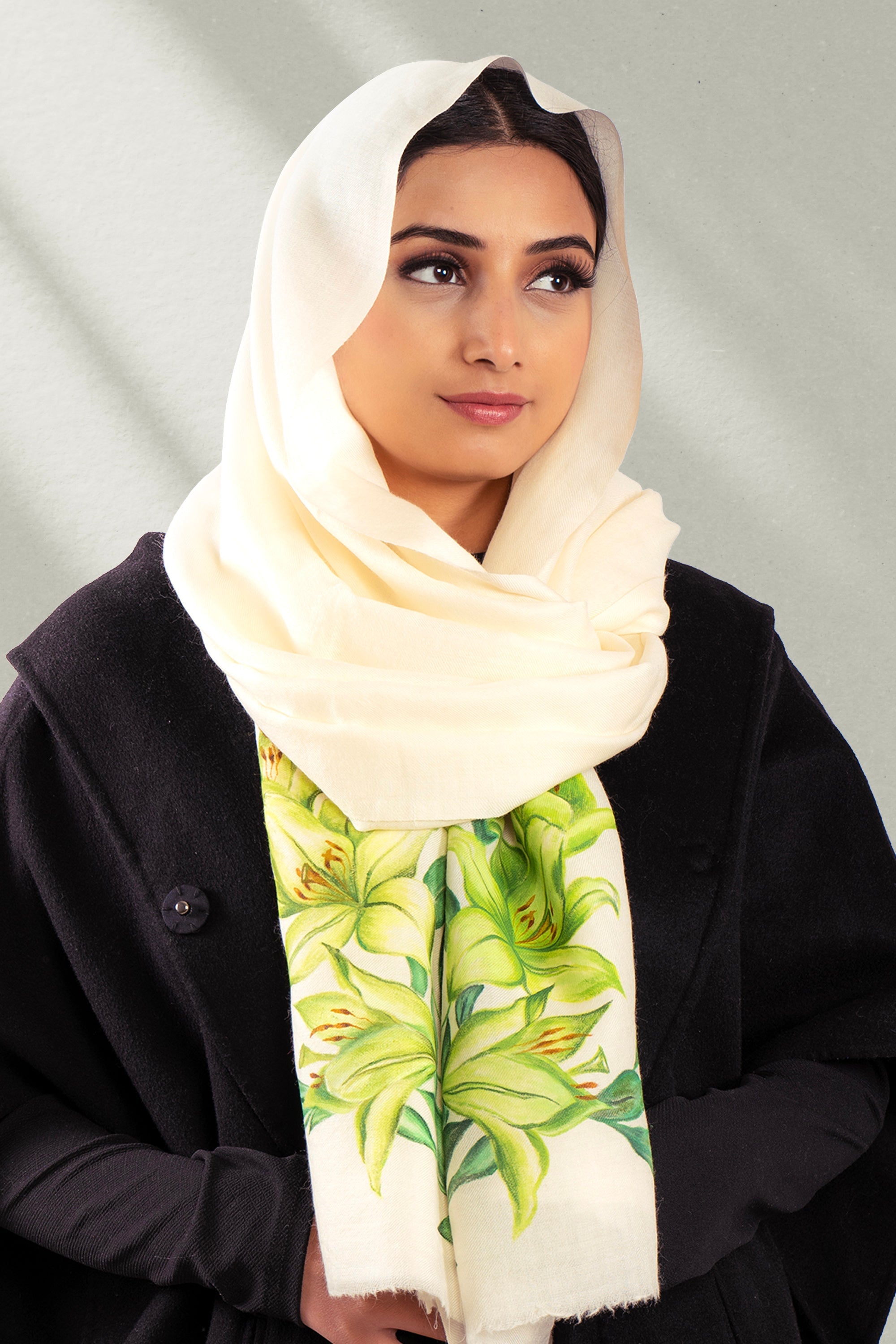 White Fine Wool Hand-Painted Scarf - Lilies and more