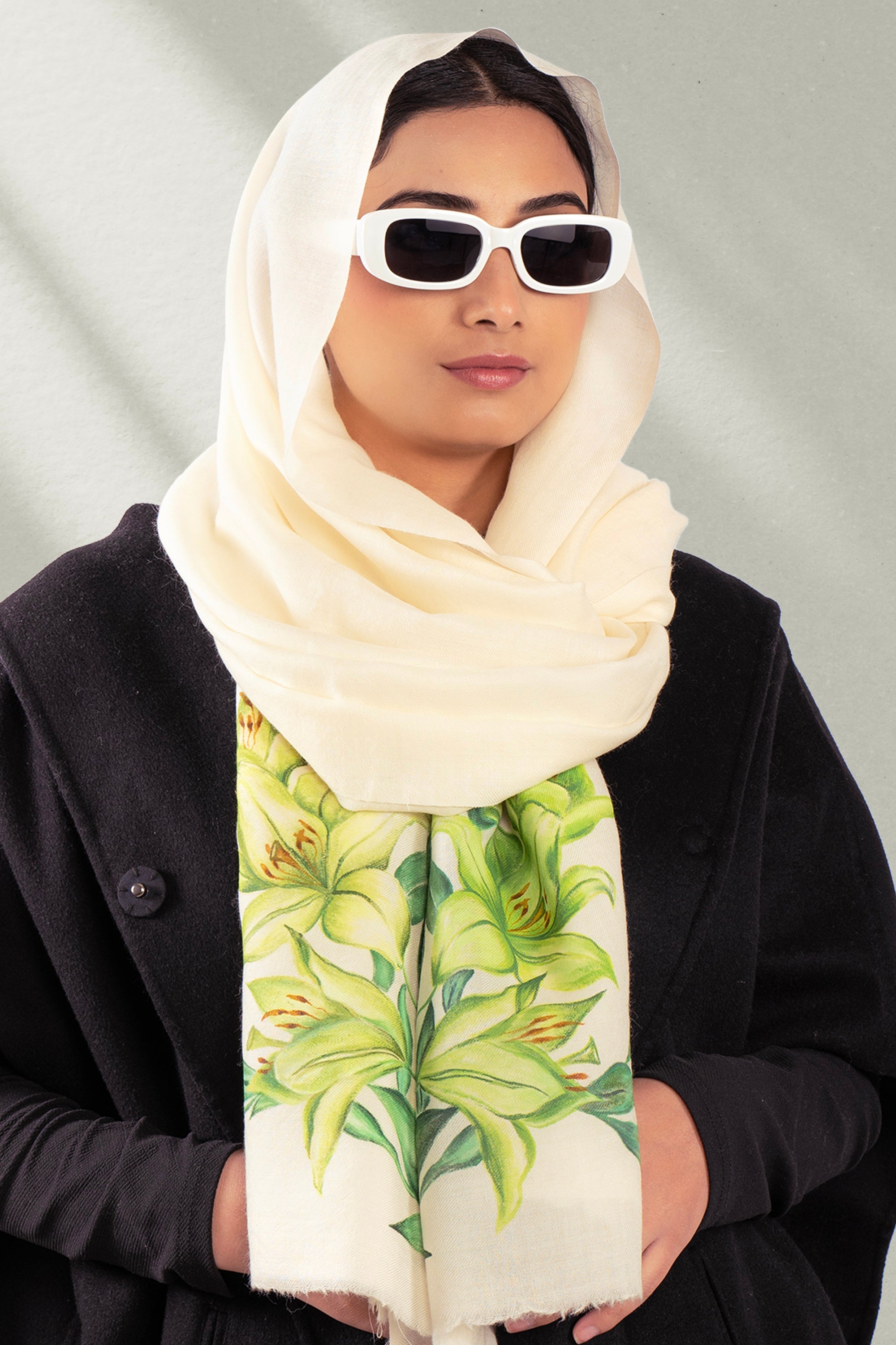 White Fine Wool Hand-Painted Scarf - Lilies and more