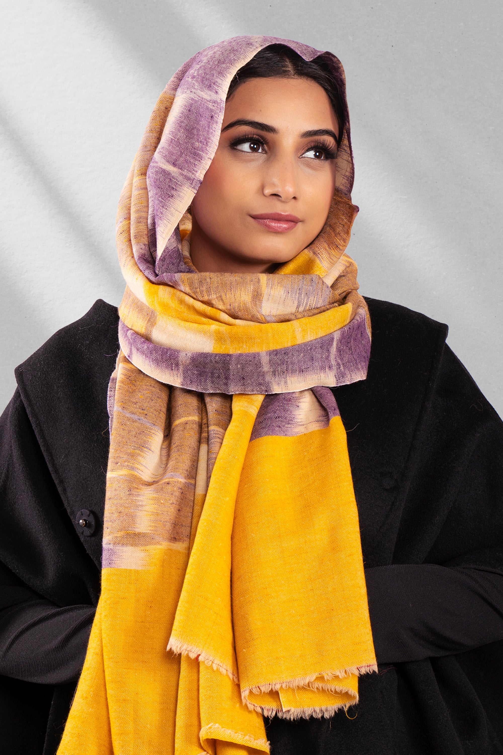 Yellow & Purple Pure Pashmina Scarf - Ikat