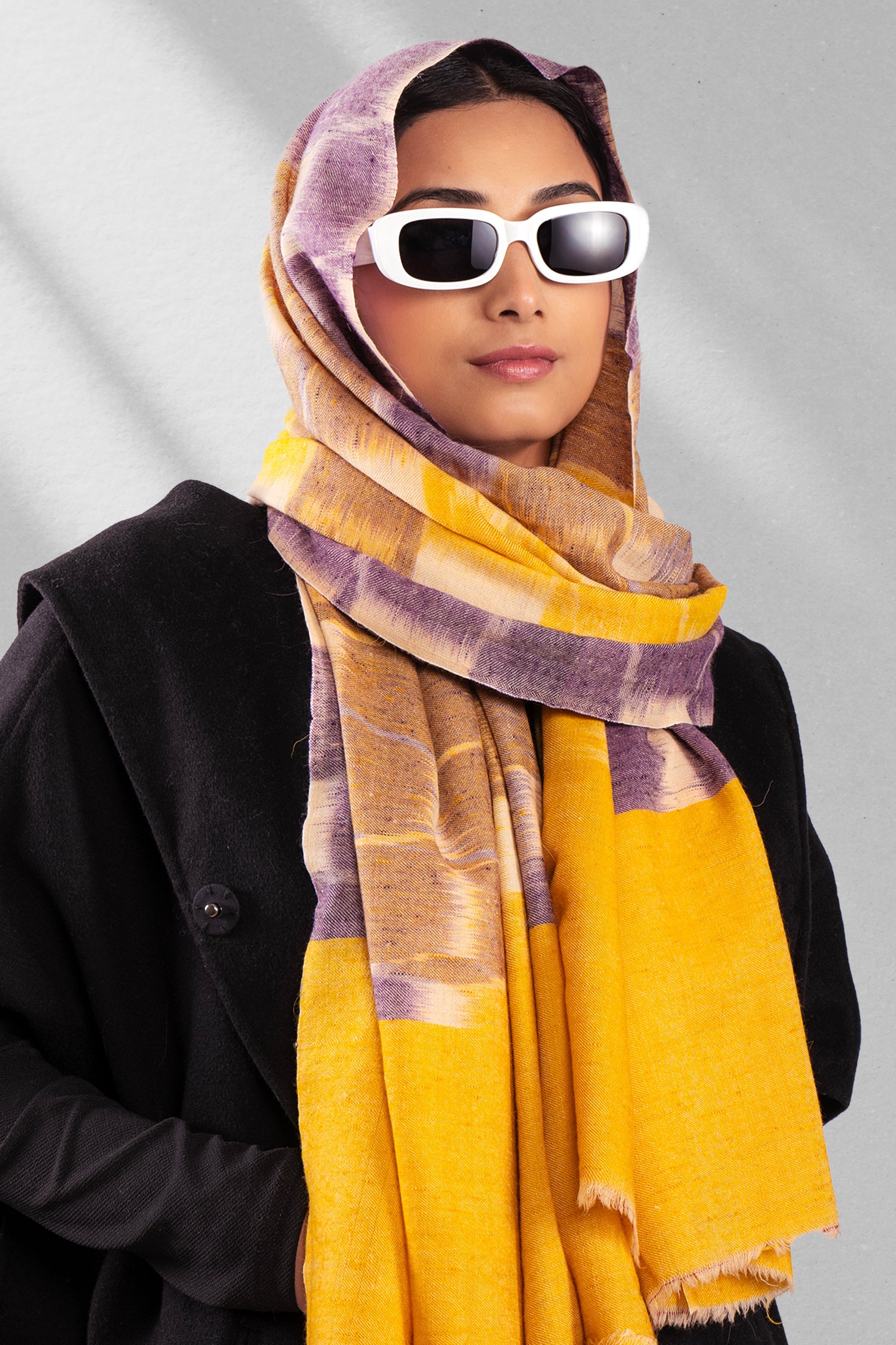 Yellow & Purple Pure Pashmina Scarf - Ikat