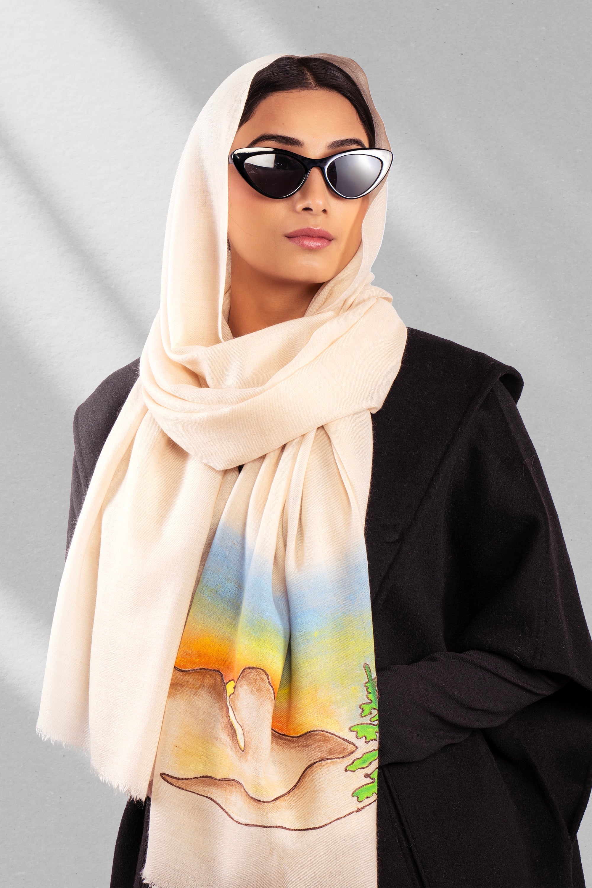 Beige Pure Pashmina Hand-Painted Scarf - Somewhere Sometimes