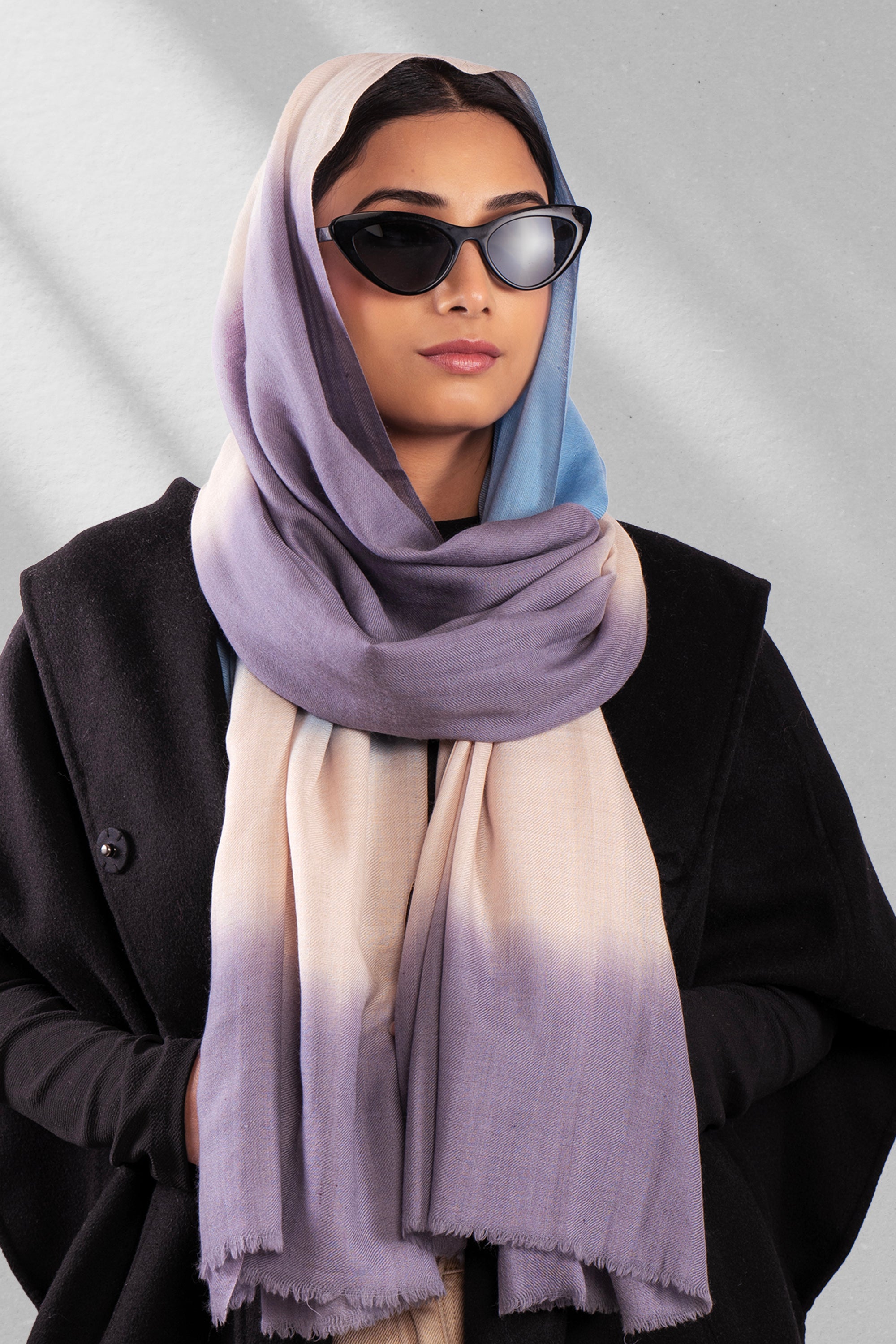 Blue & Lilac Pure Pashmina Scarf - Ombré - Sky