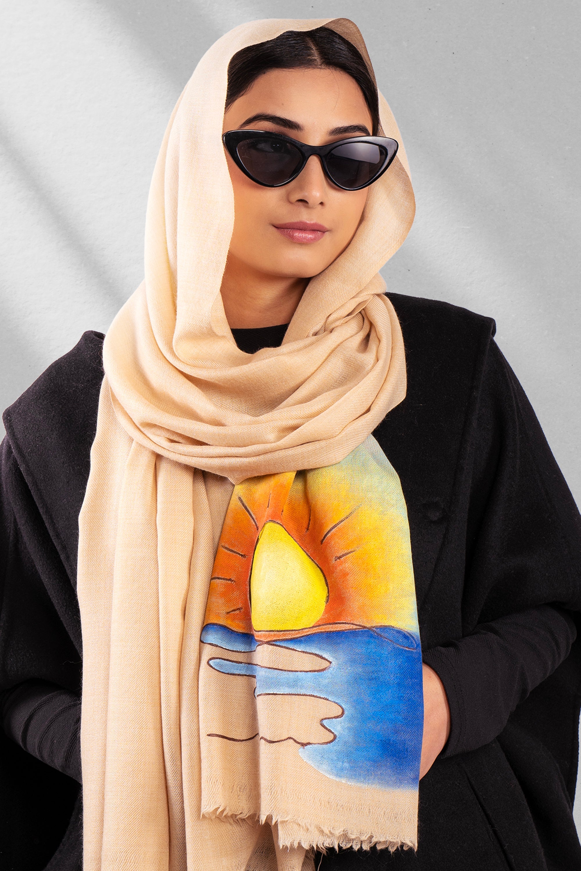 Beige Pure Pashmina Hand-Painted Scarf - Sunset Somewhere