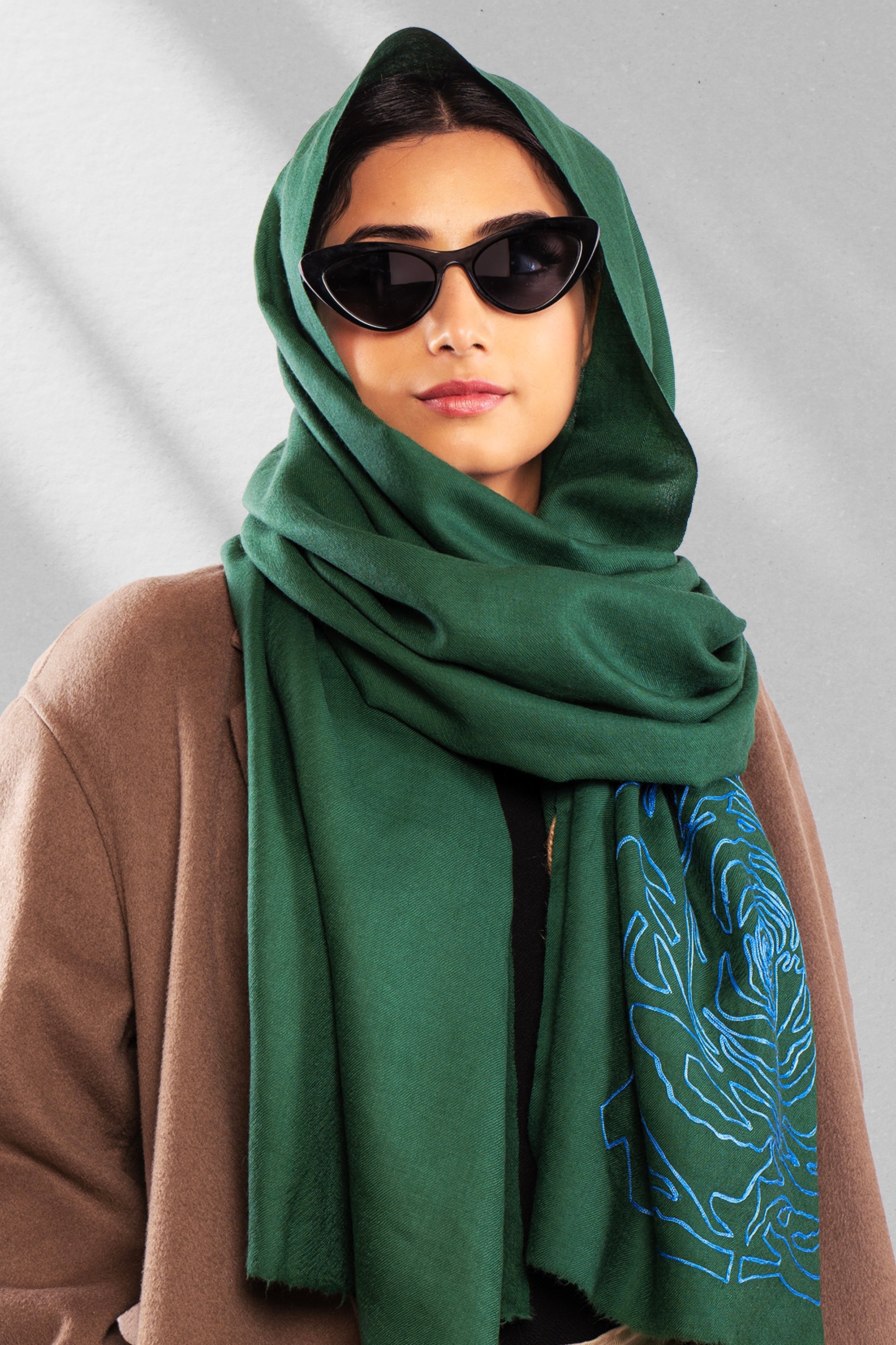 Green Pure Pashmina Embroidered Scarf - Have a Rosy Day
