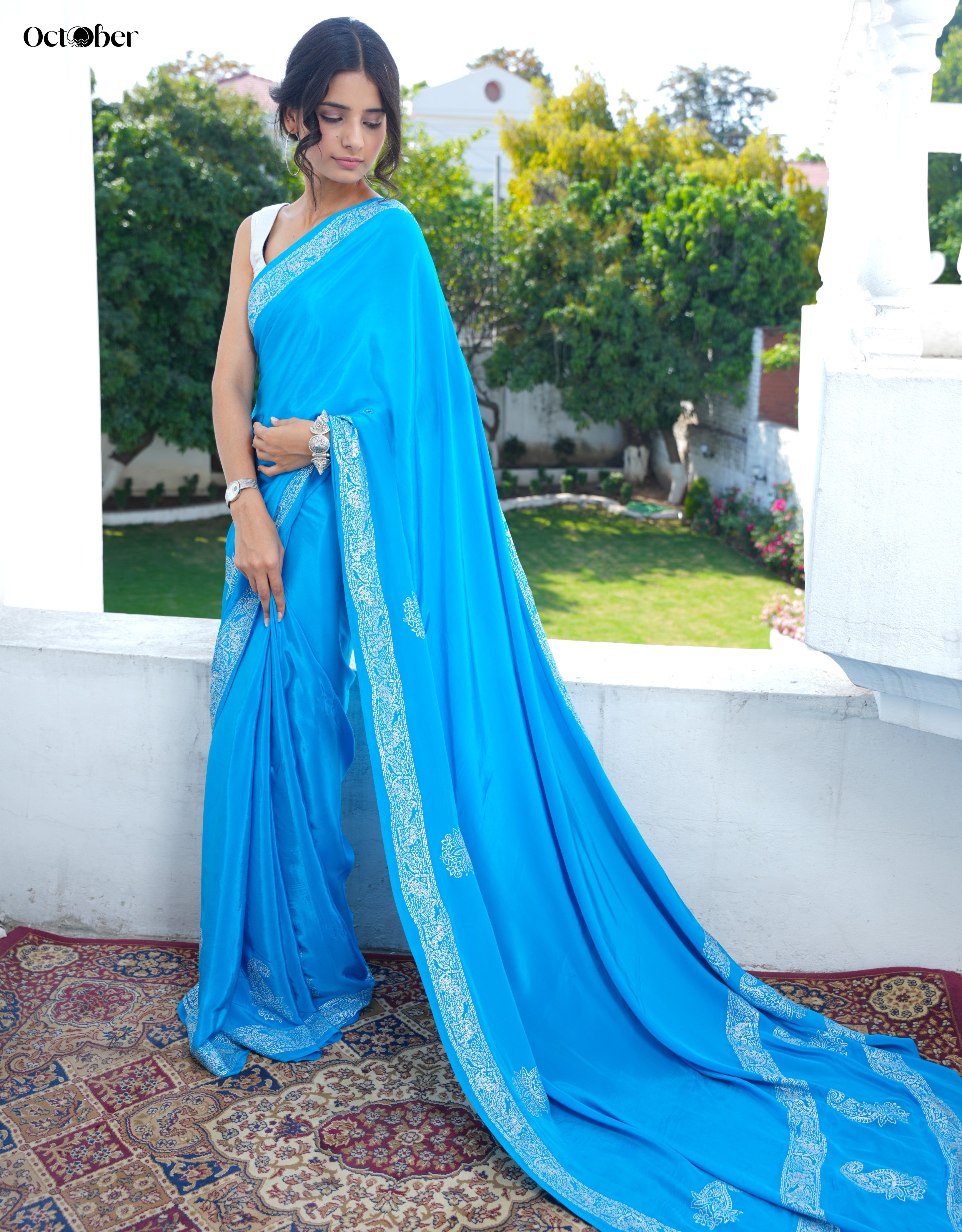 Deep Sky Real Silver Saree in Organic Crepe
