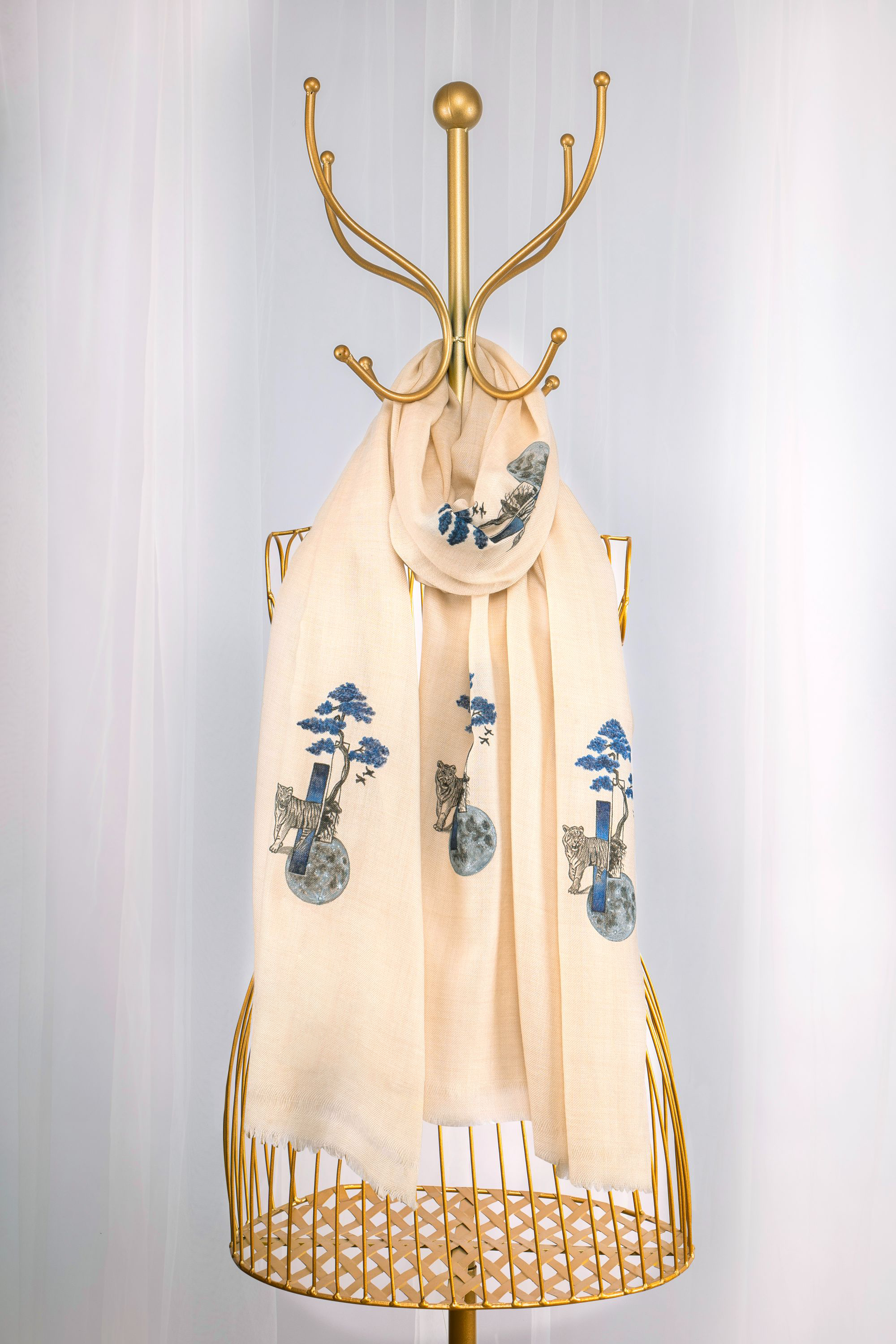 Beige Pure Pashmina Hand-Painted Scarf - Tiger in Woods