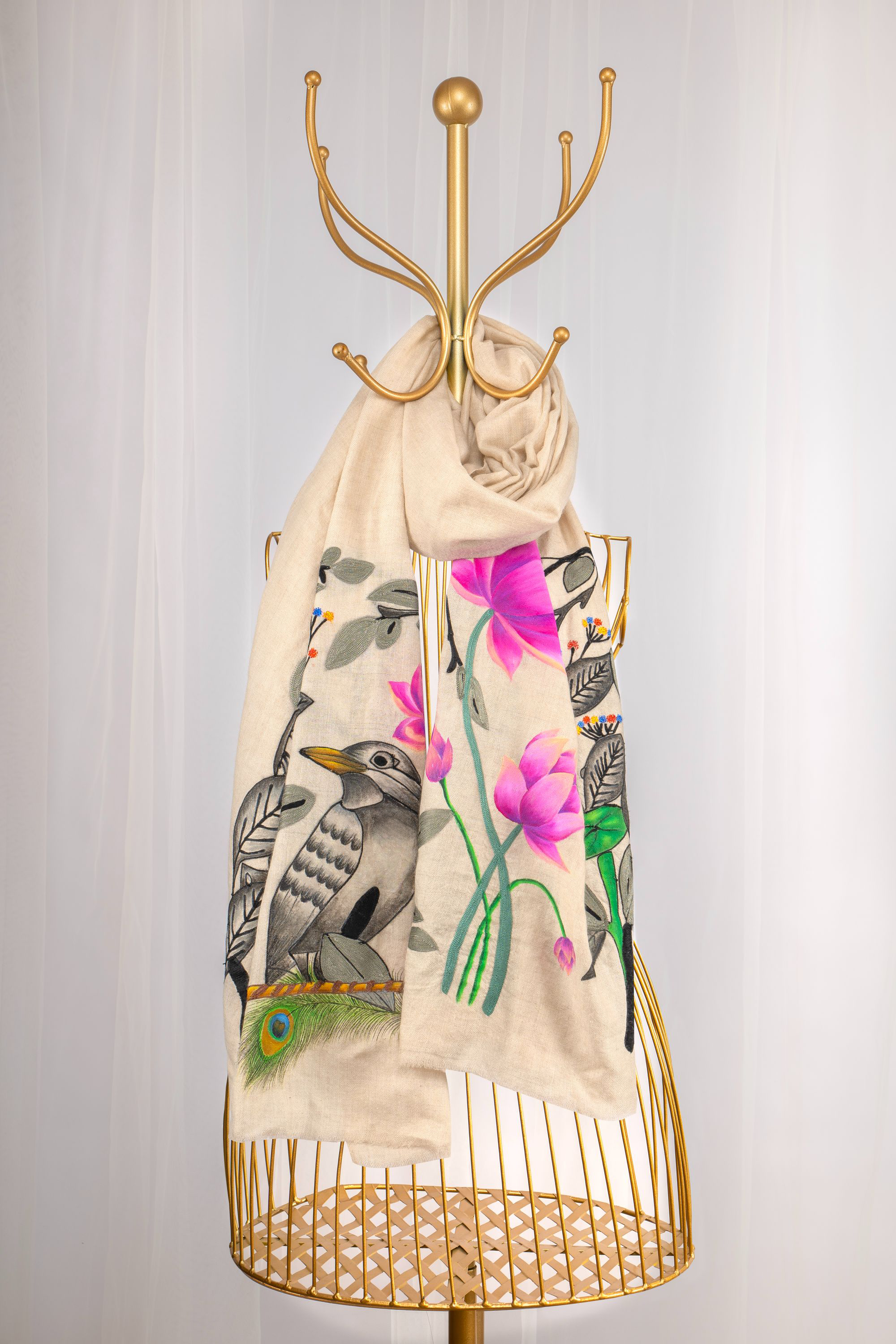 Beige Pure Pashmina Hand-Painted Scarf - The Family Tree