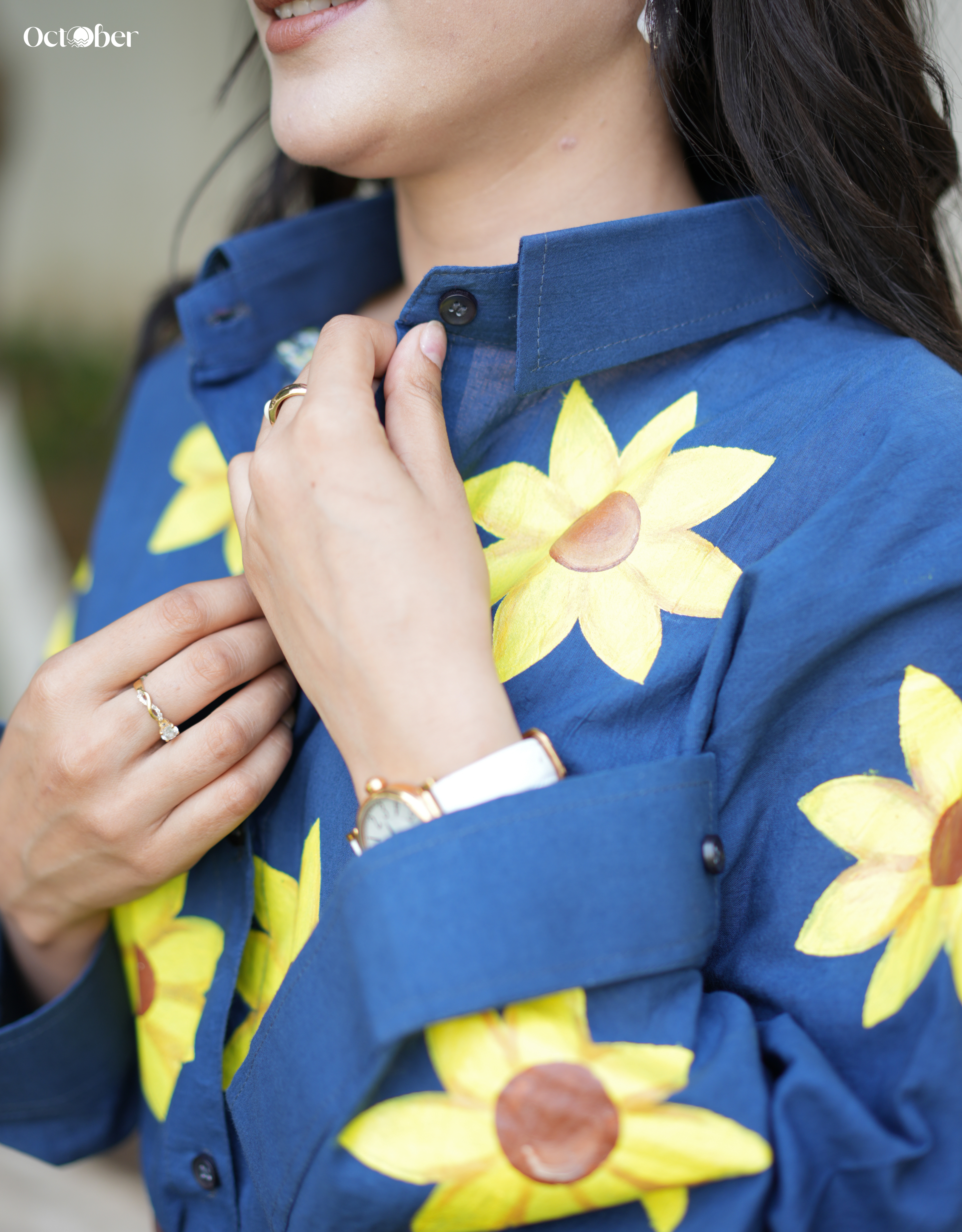 Deep Sea Cotton Shirt with Handpainted Sunflowers