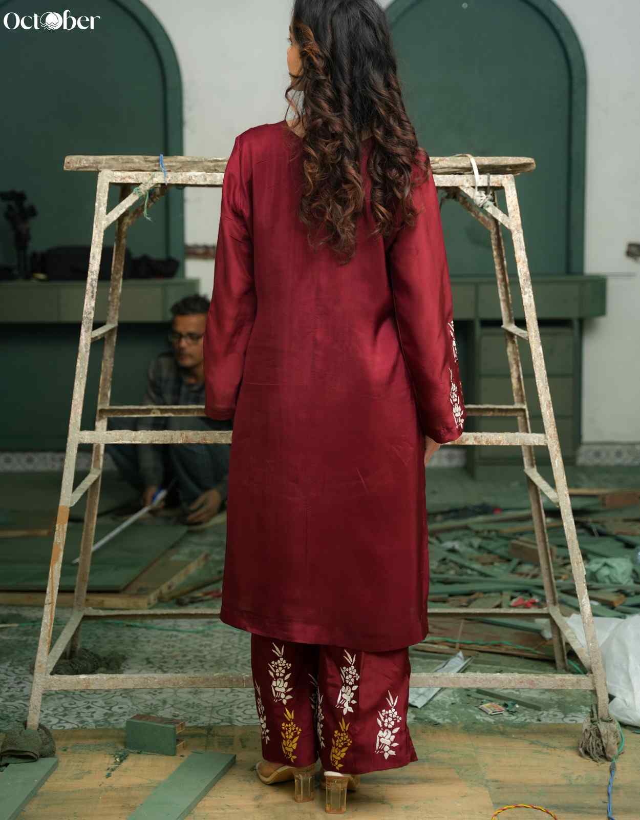 Red Wine Silk Co-Ord Set in Handpaint and Real Silver Work