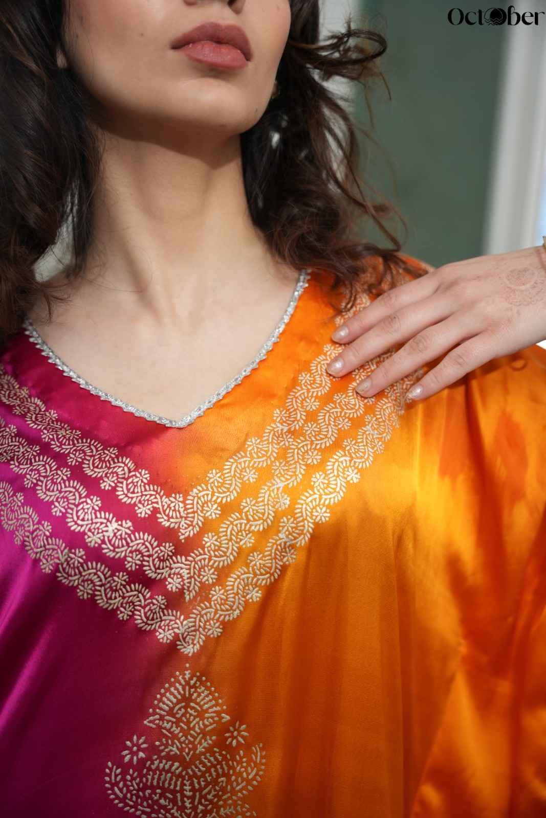 Magenta Mimosa Real Silver Kaftan in Organic Satin