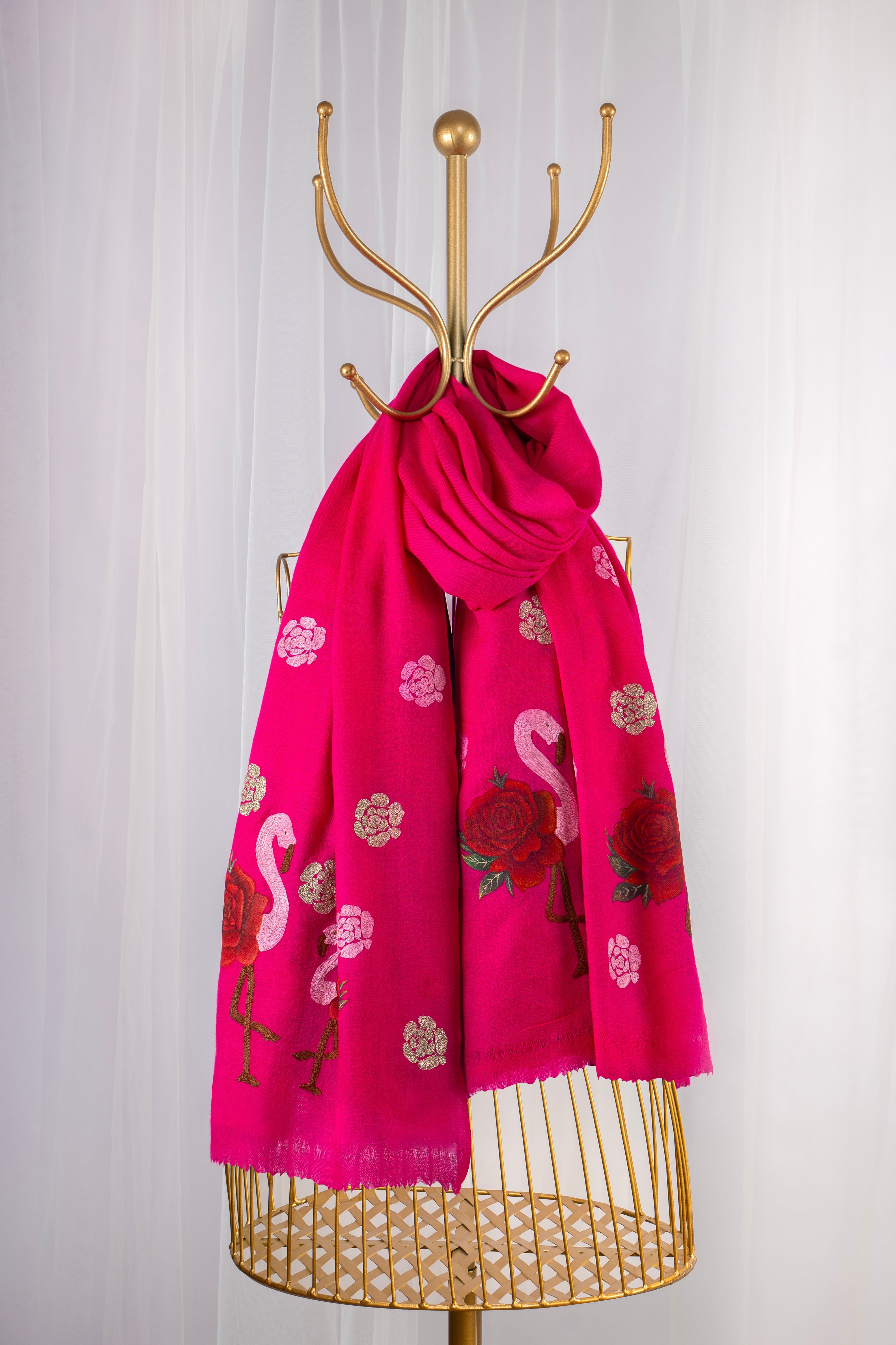 Hot Pink Pure Pashmina Hand-Painted Scarf - Flamingo & Roses