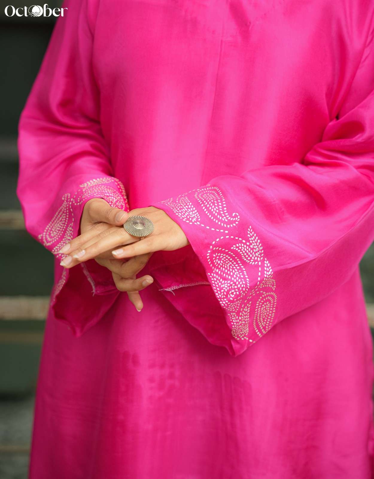 Fuchsia Silk Co-Ord Set in Real Silver Work