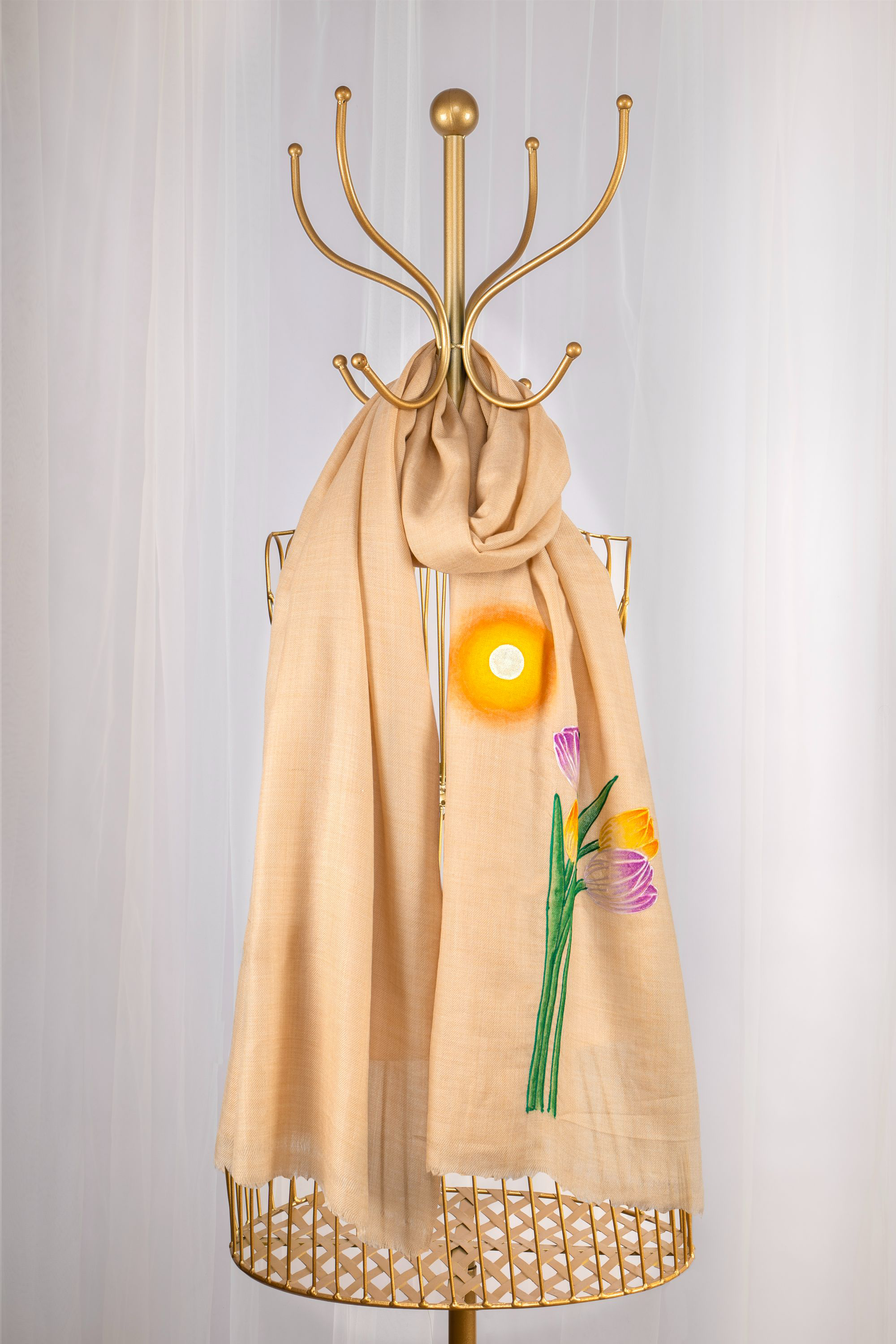 Beige Pure Pashmina Hand-Painted Scarf - Tulip Garden