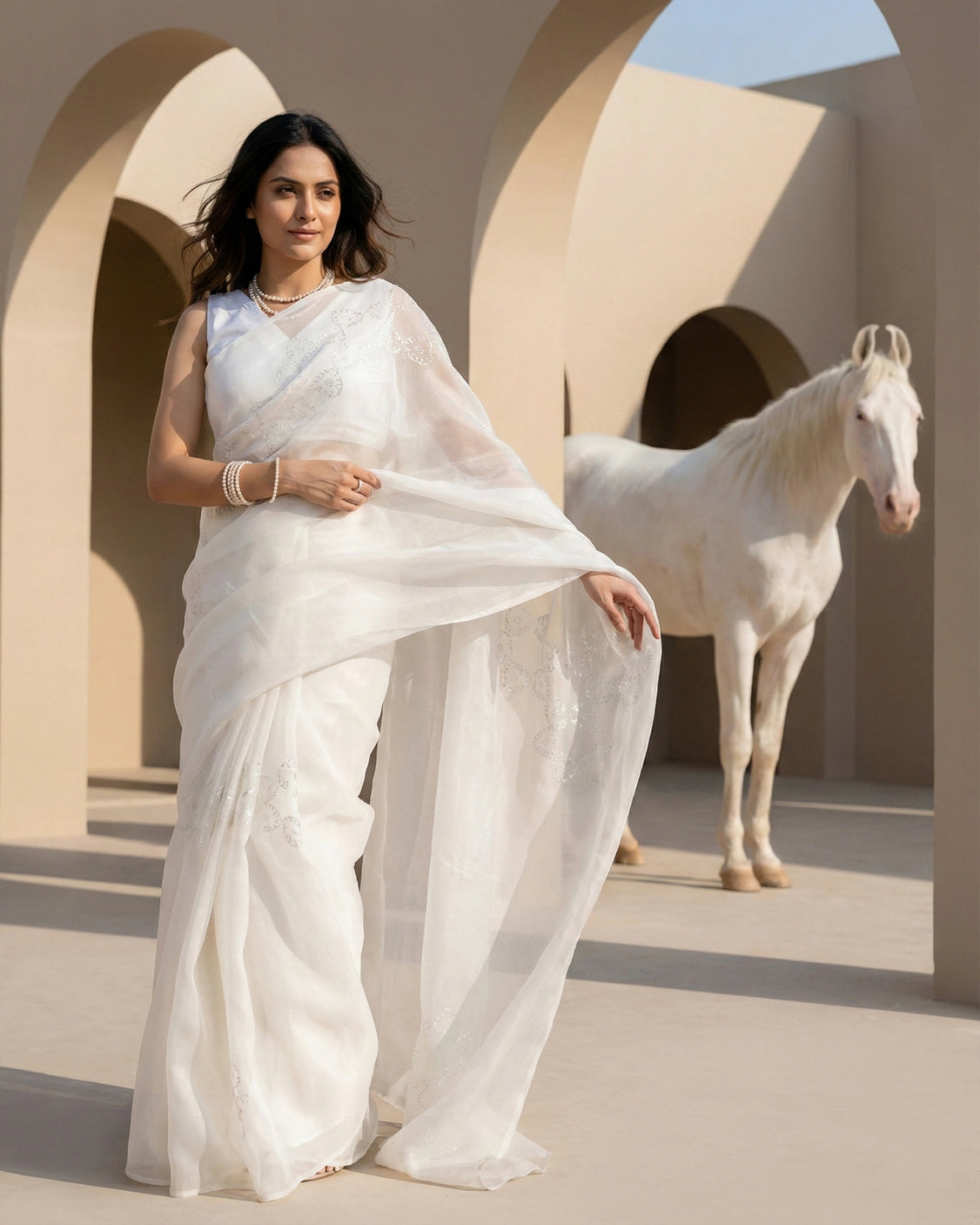 Pearl Organza Real Silver Saree