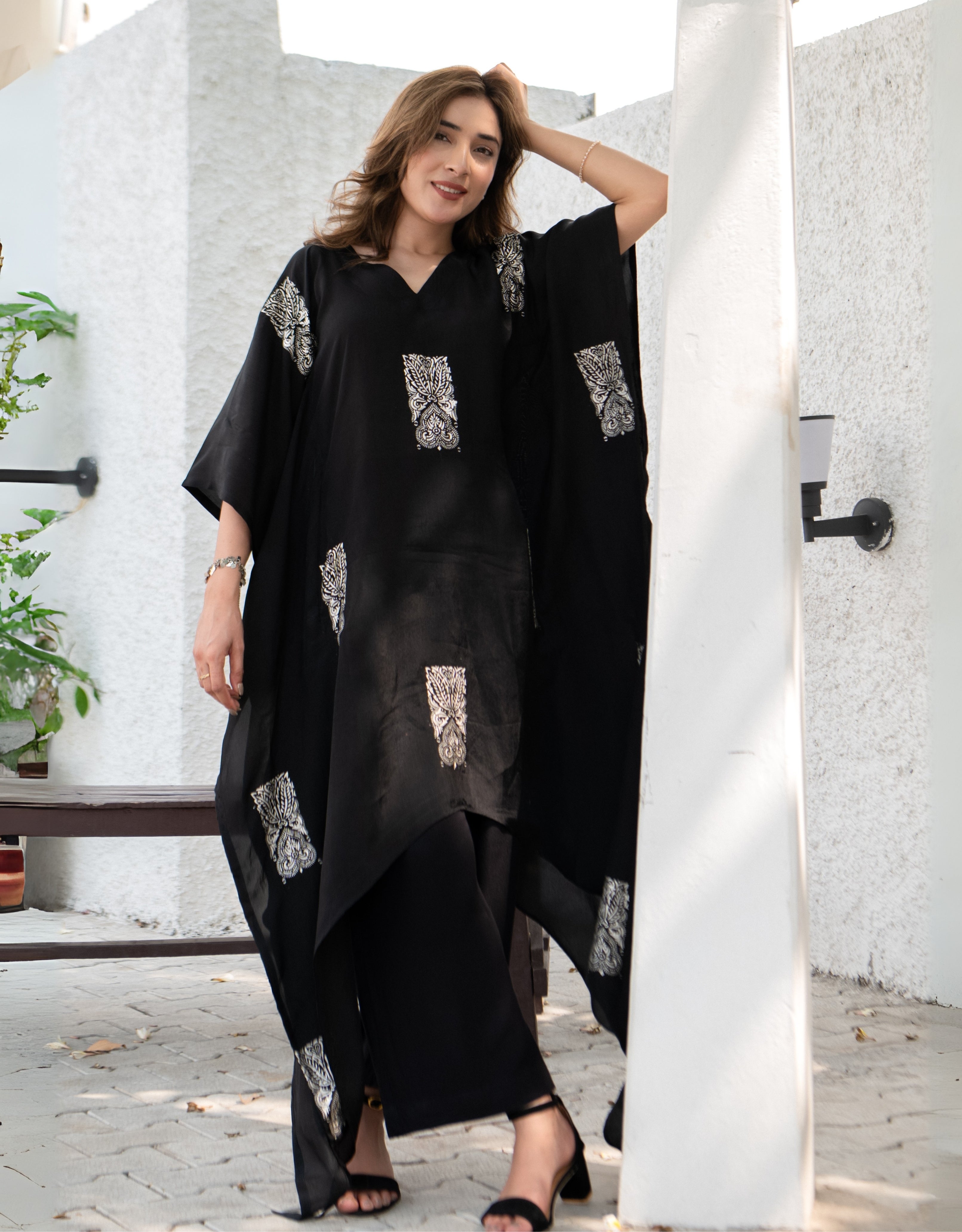 Twilight Bloom Real Silver Silk Kaftan