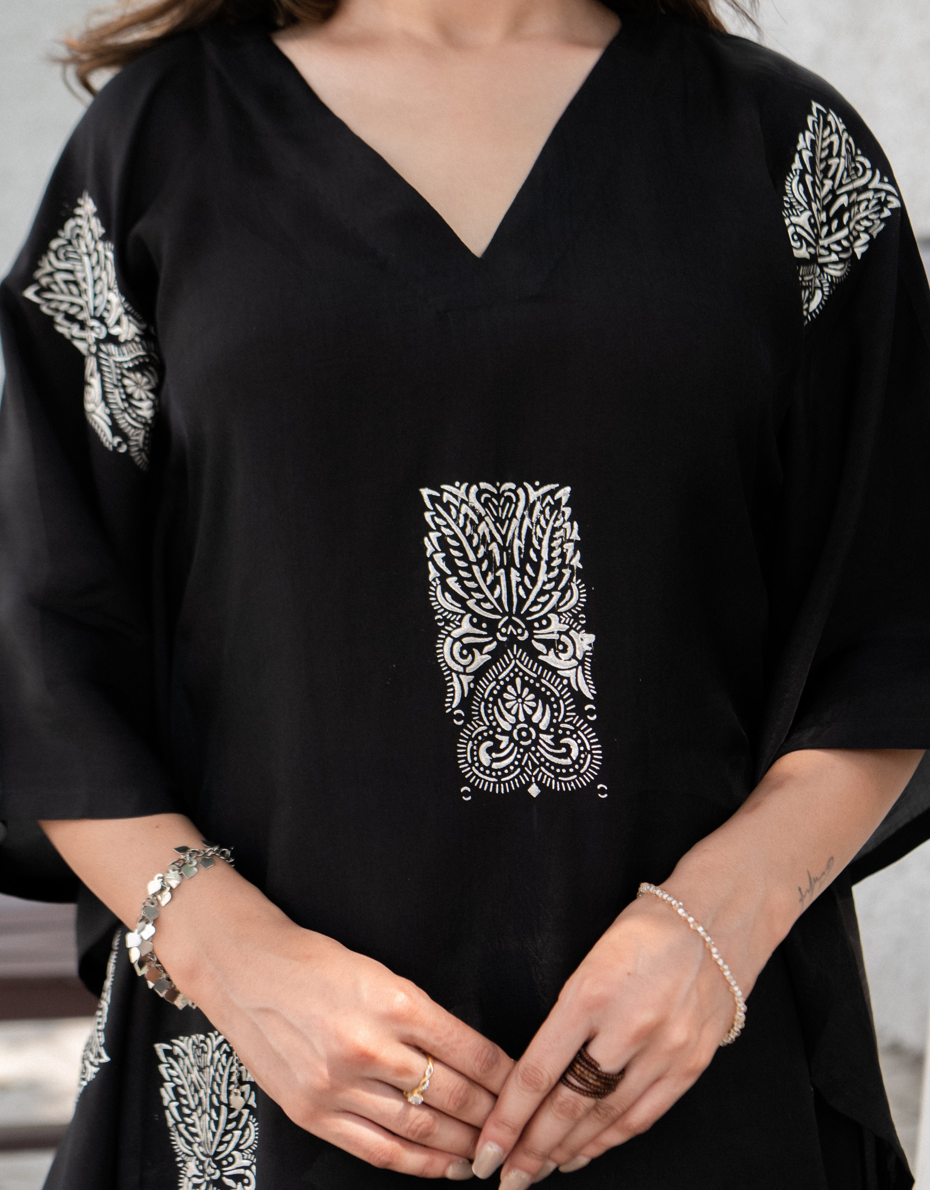 Twilight Bloom Real Silver Silk Kaftan