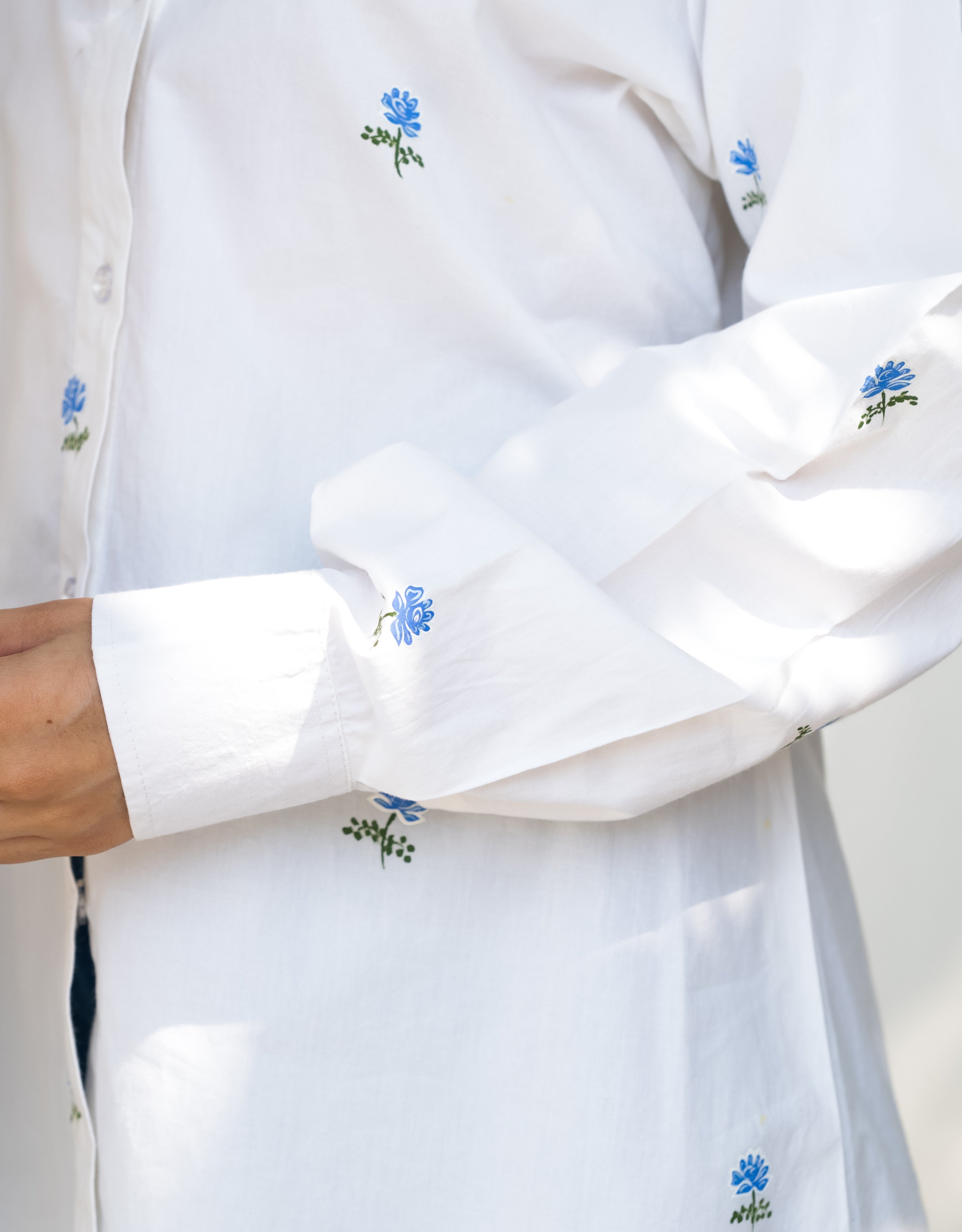 Porcelain Blue Rose Handpainted Cotton Shirt