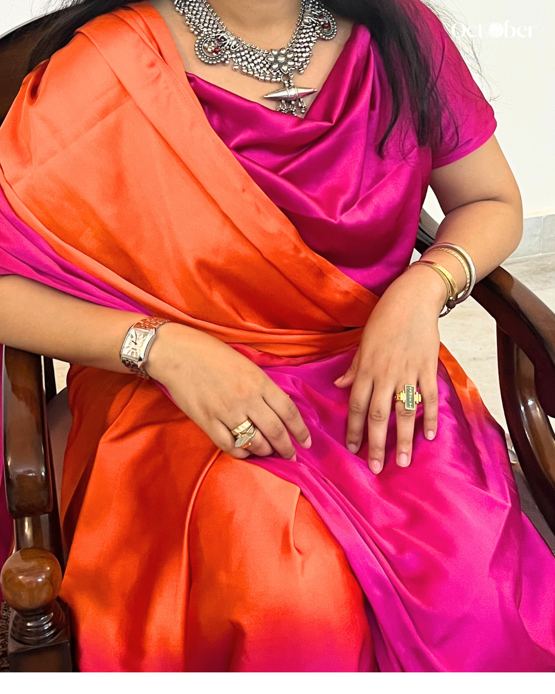 Rani Pink and Orange Satin Saree - Ombré (Dream in Satin)