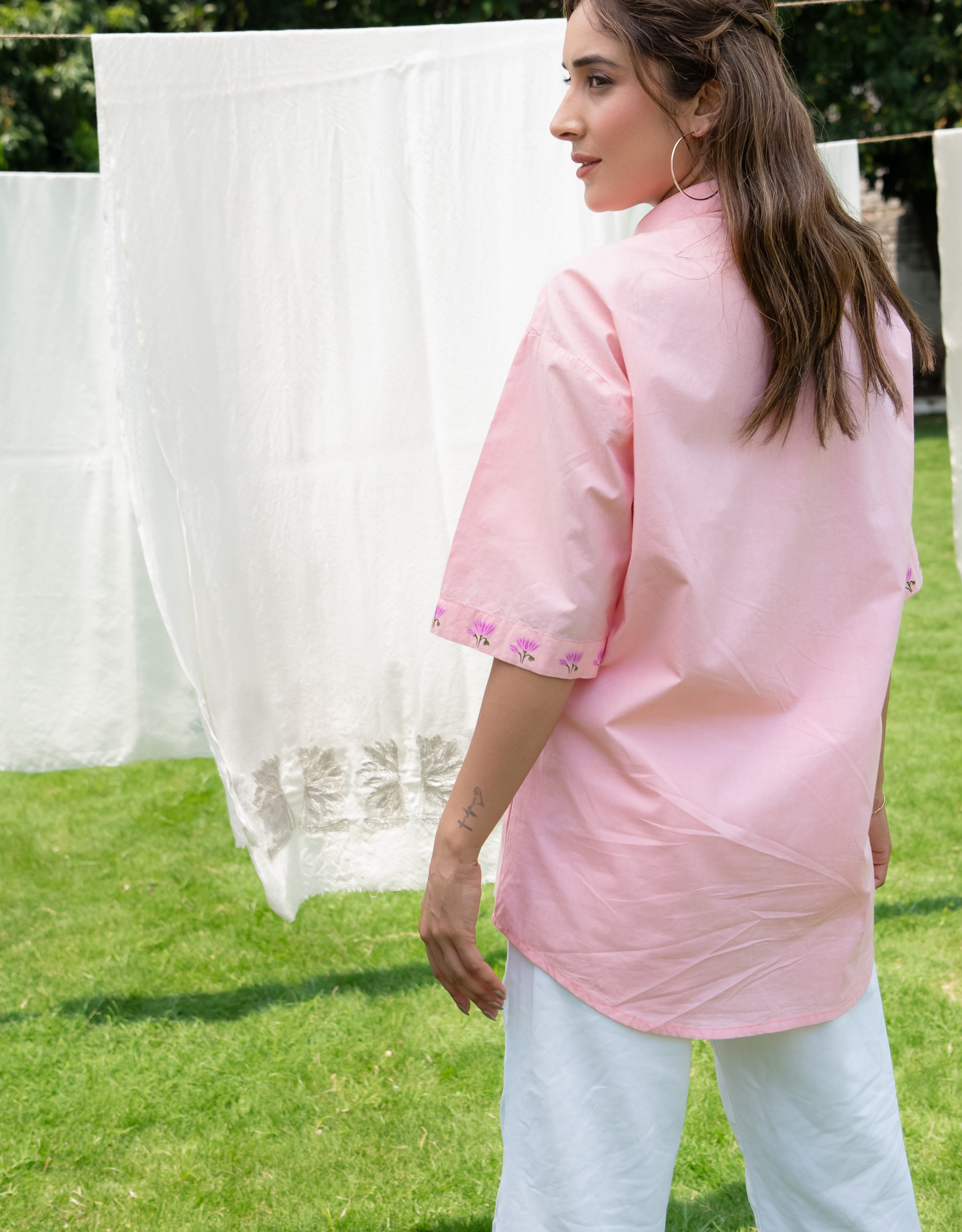 Blush Lotus Handpainted Cotton Shirt with Band Neck Collar