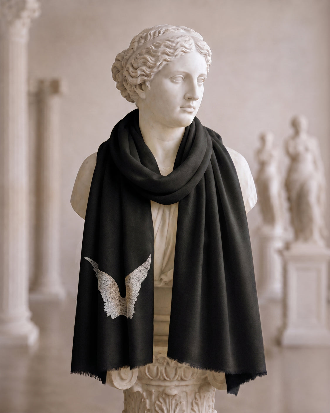 Black Wings Embroidered Fine Wool Scarf